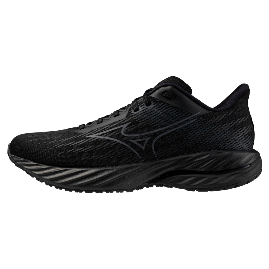 Mizuno Wave Inspire 21 running shoe for women in black with metallic grey details, showing side profile against a white background.