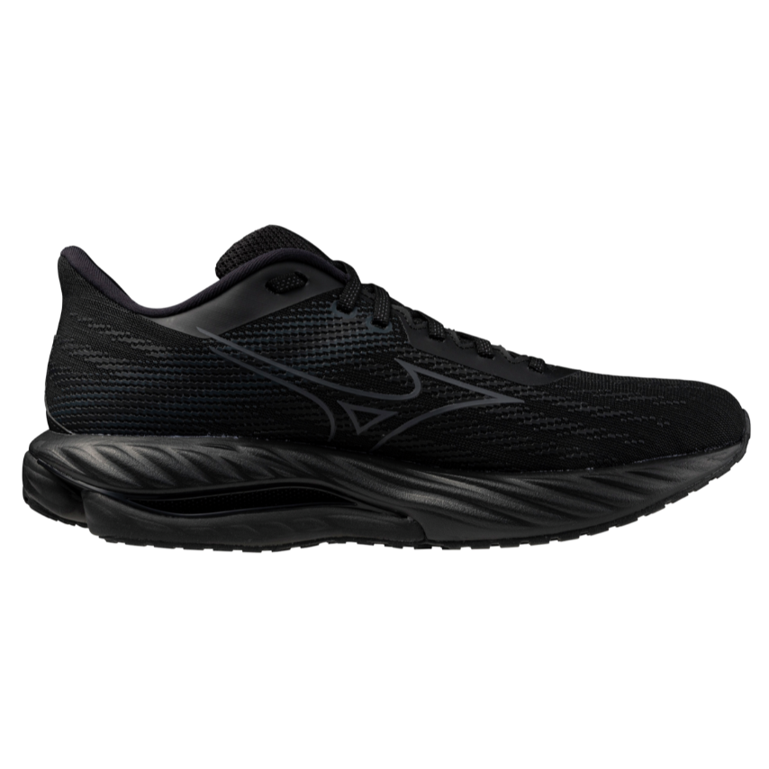 Mizuno Wave Inspire 21 running shoe for women in black with metallic grey details, showing side profile against a white background.