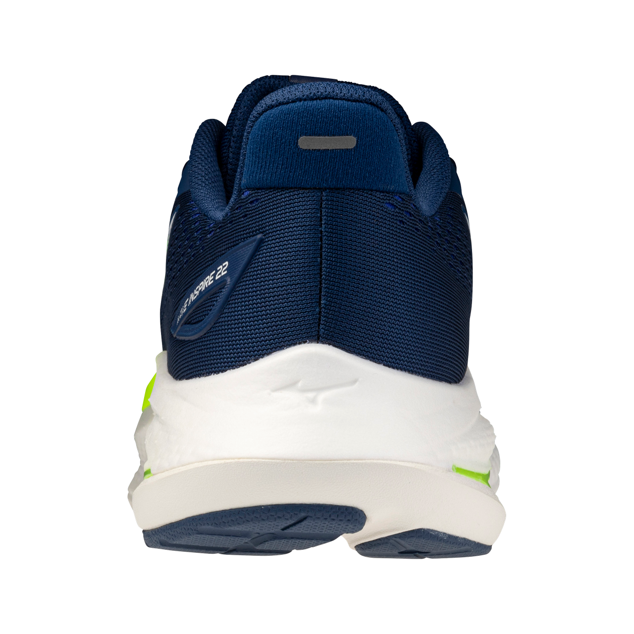 Navy running shoe with white sole on a white background