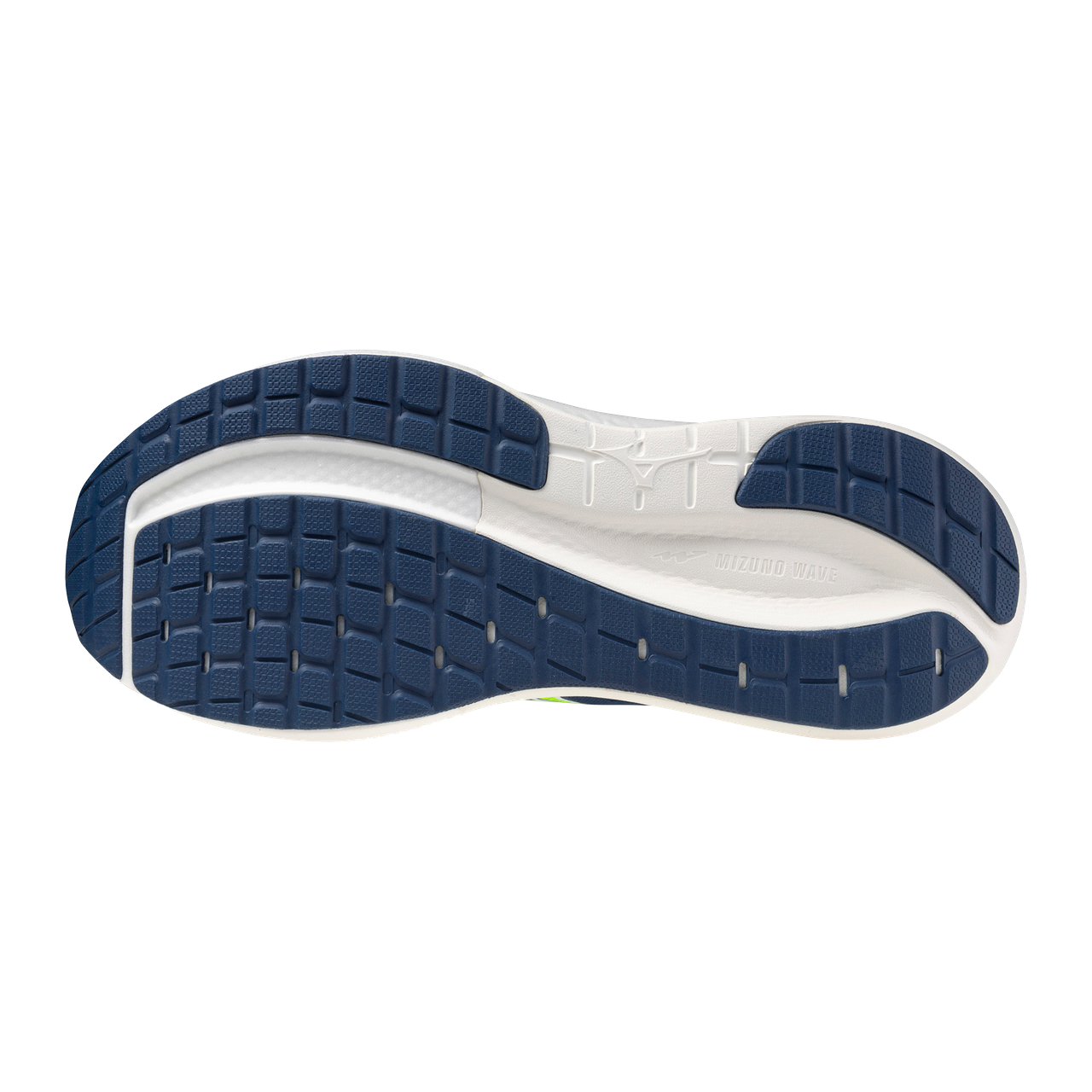 Close-up of a shoe sole with blue and white design on a white background