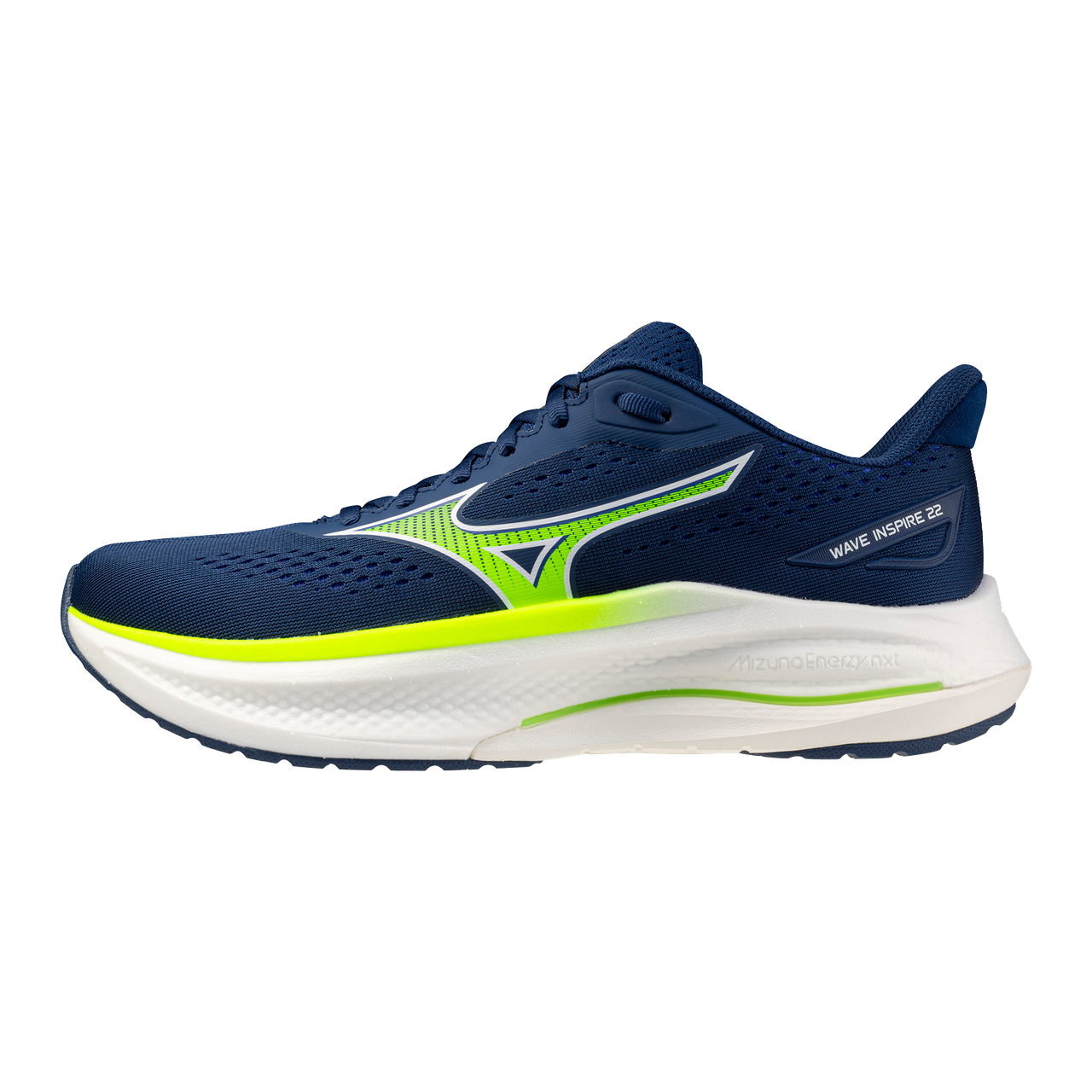 Navy and green running shoe on a white background