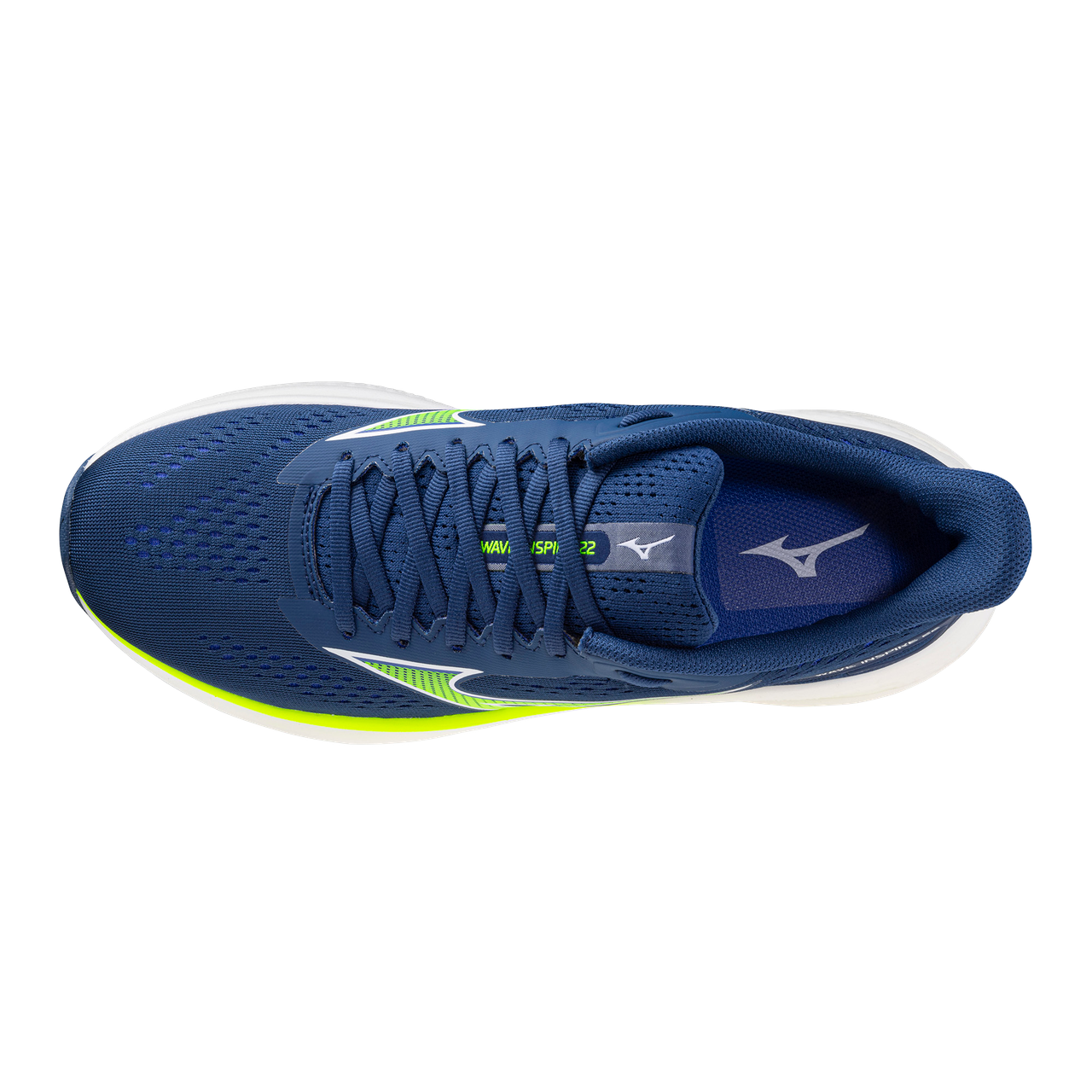 Blue running shoe with white and green accents on a white background
