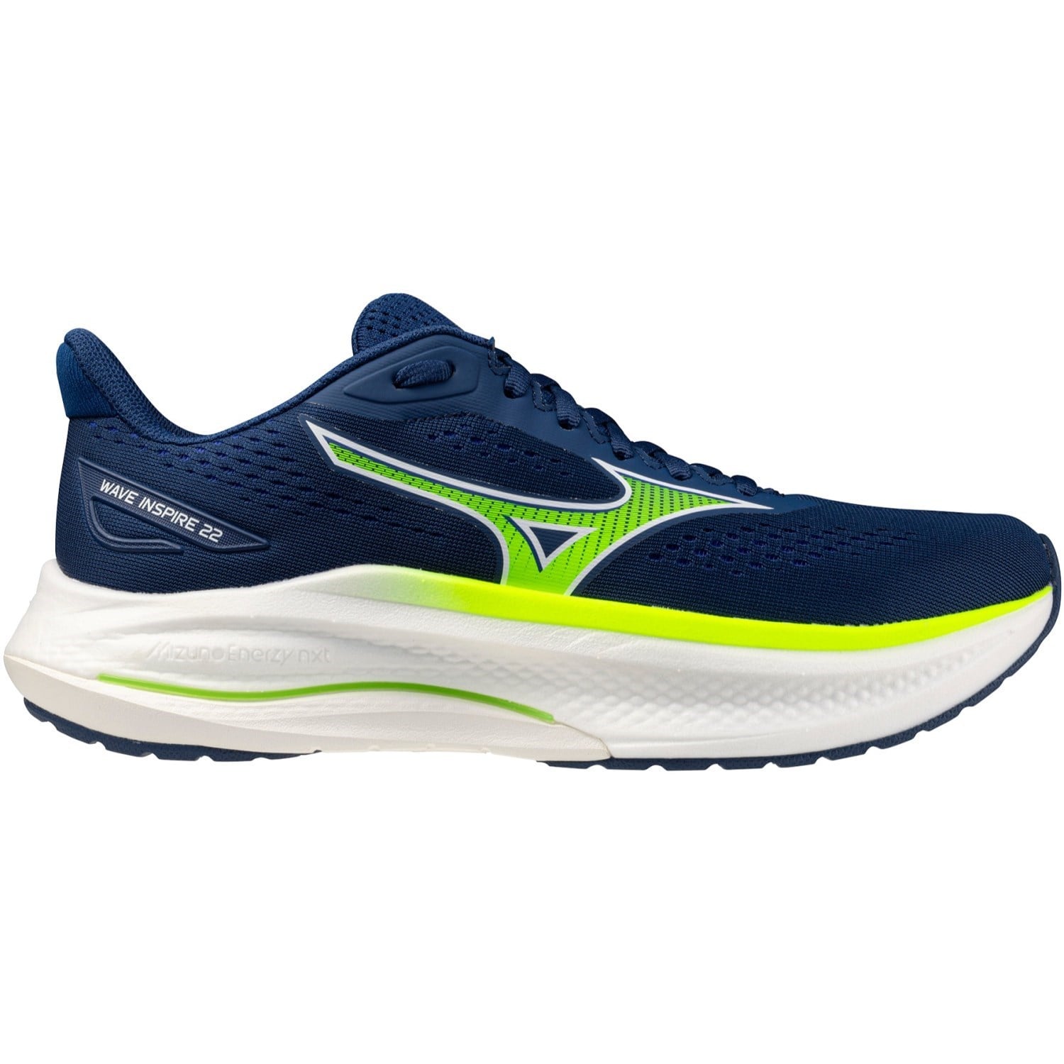 Navy and green running shoe with white sole on a white background