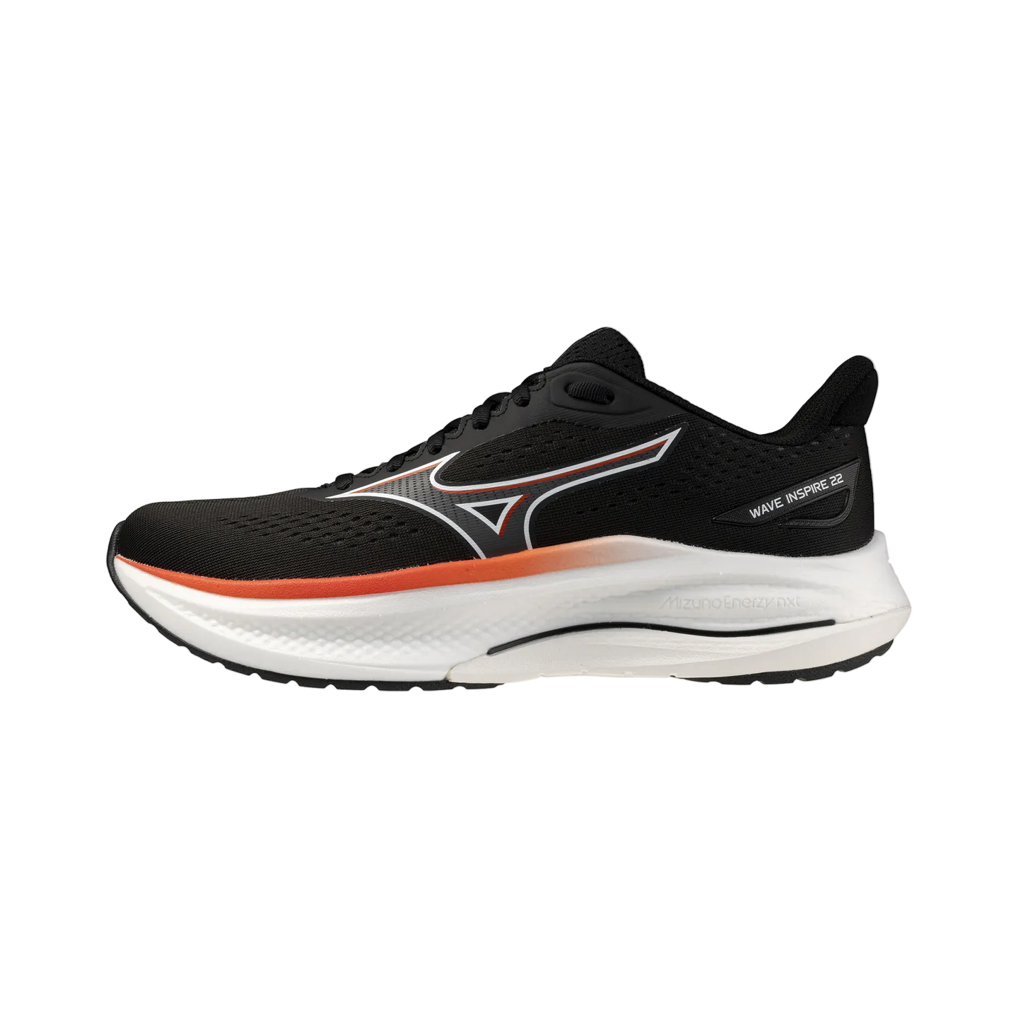 Black running shoe with white sole on a light gray background