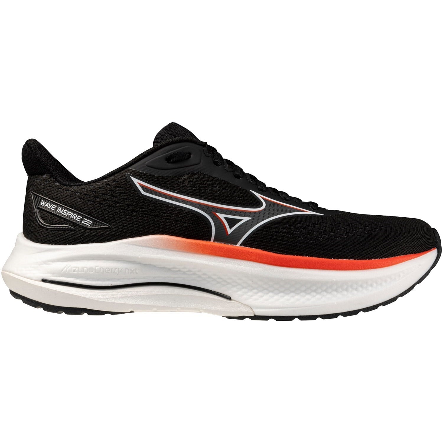 Black running shoe with red accents on a white background