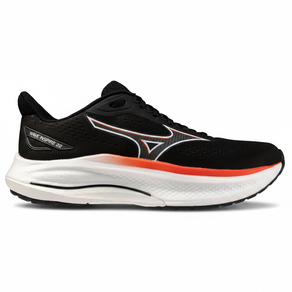 Black running shoe with red accents on a white background