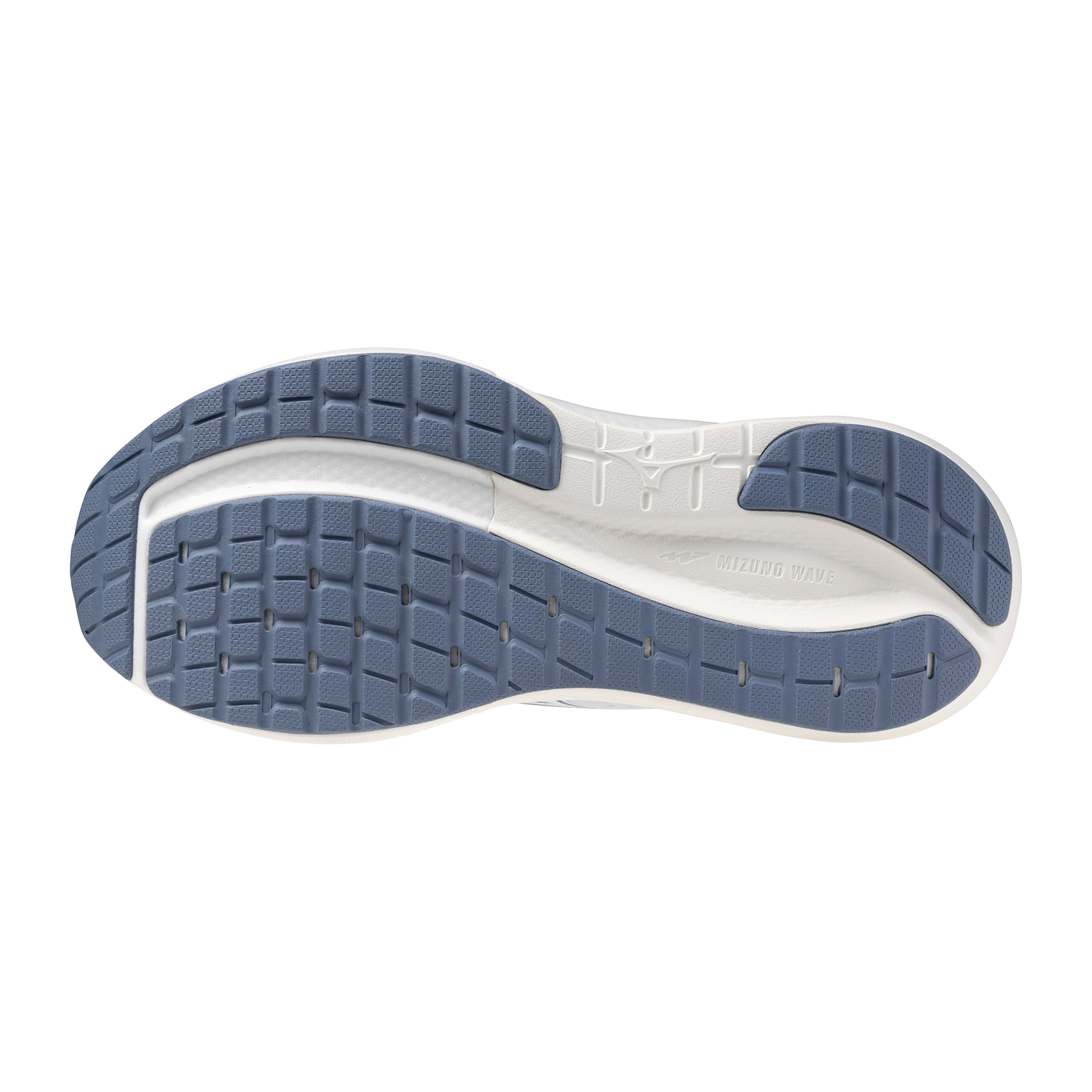 Close-up of a shoe sole with blue tread pattern on a white background
