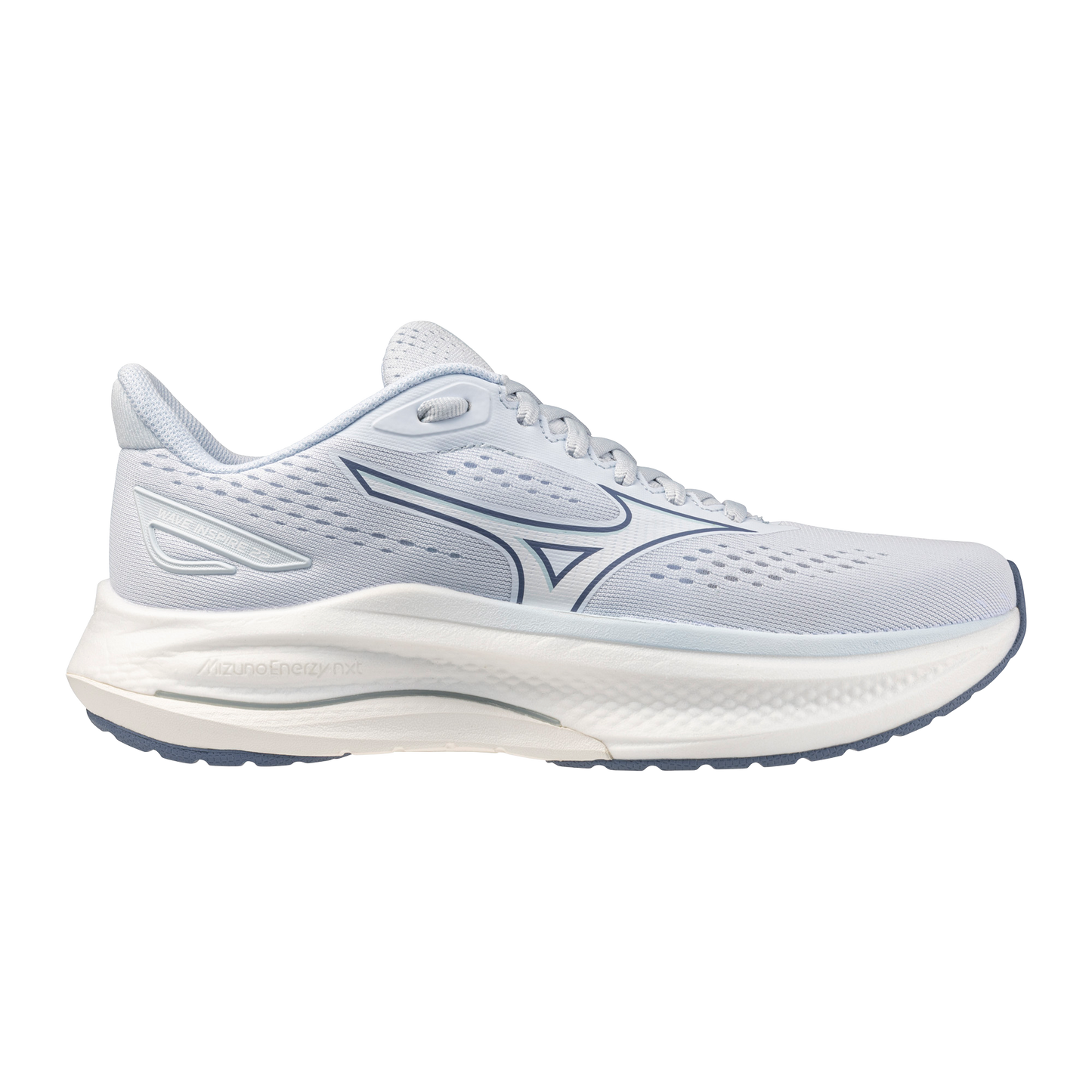 White running shoe with brand logo on a white background