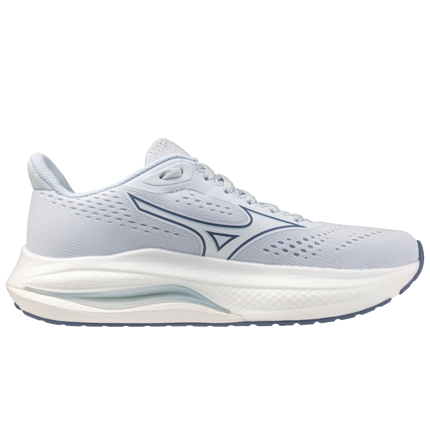 White running shoe with blue accents on a white background