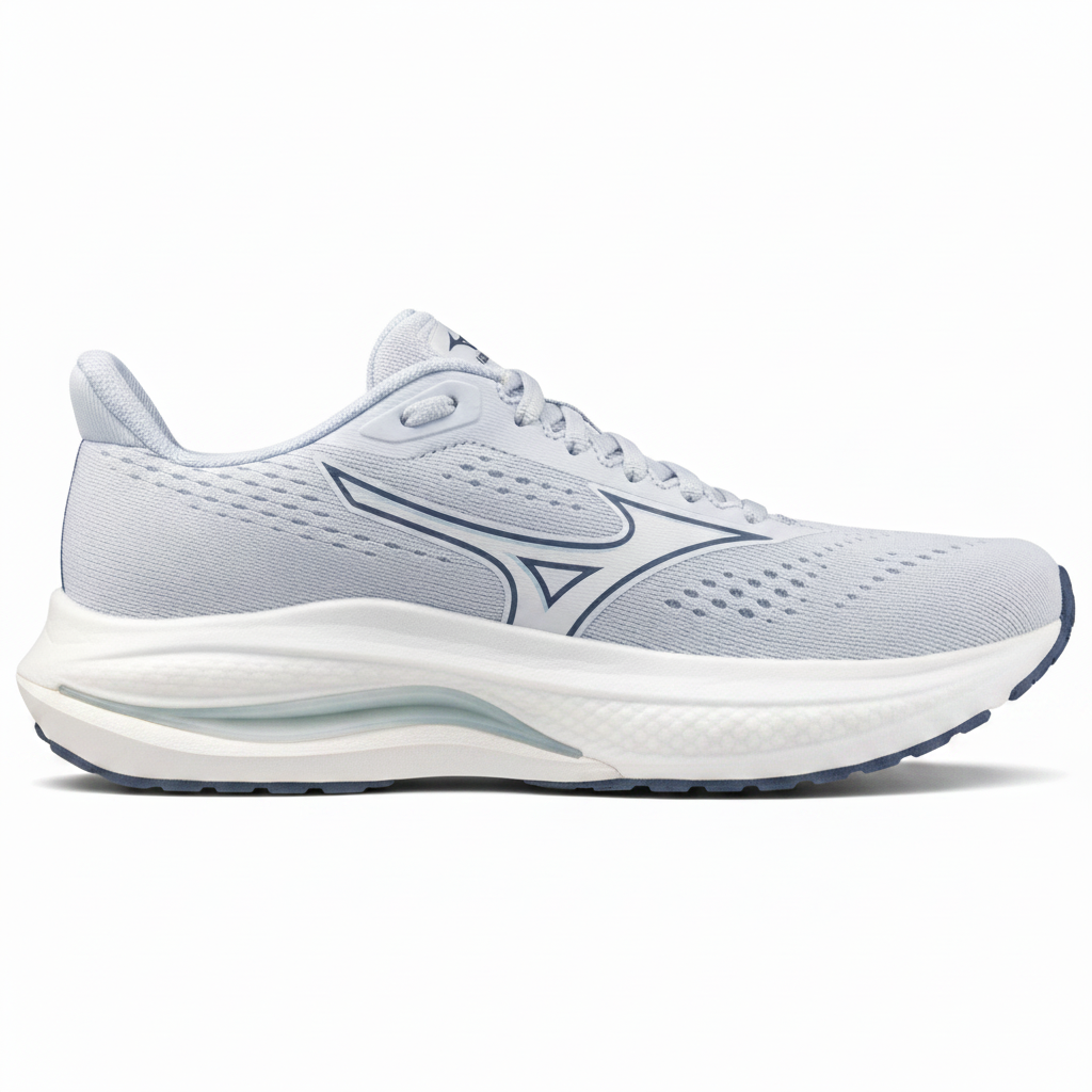 White running shoe with blue accents on a white background