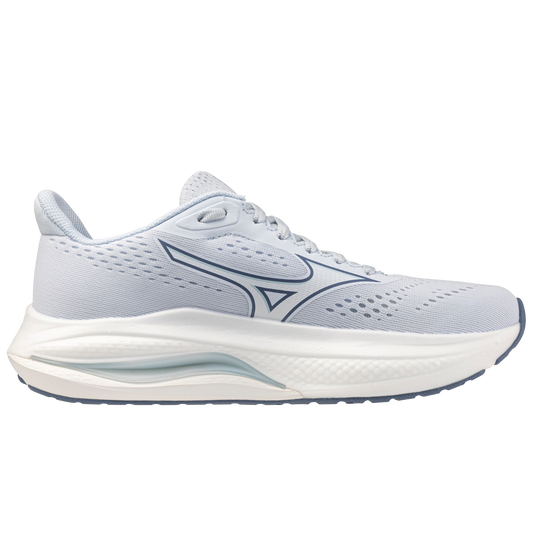 White running shoe with blue accents on a white background
