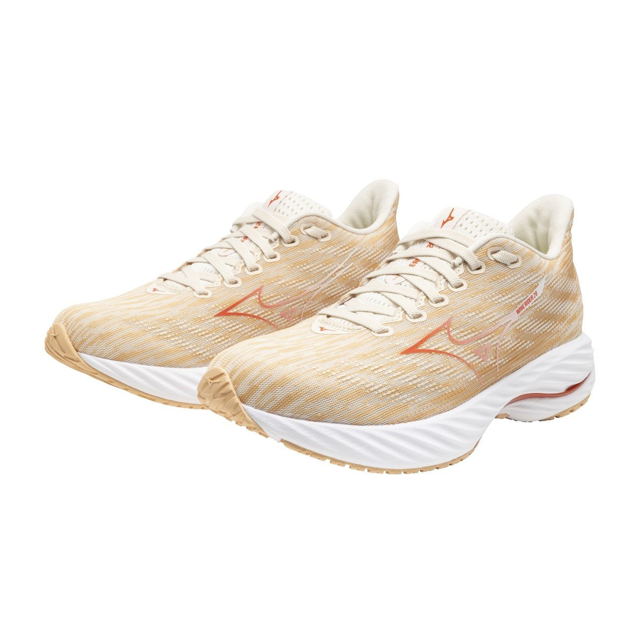 Running shoe with a white sole and beige body on a white background