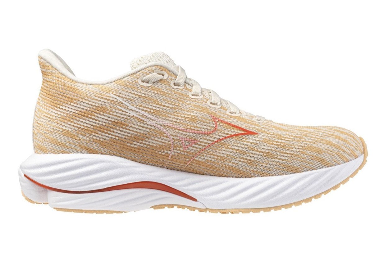 Mizuno Wave Rider 28 running shoe for women in white and orange color scheme, featuring a mesh upper material and a white midsole with orange accents.