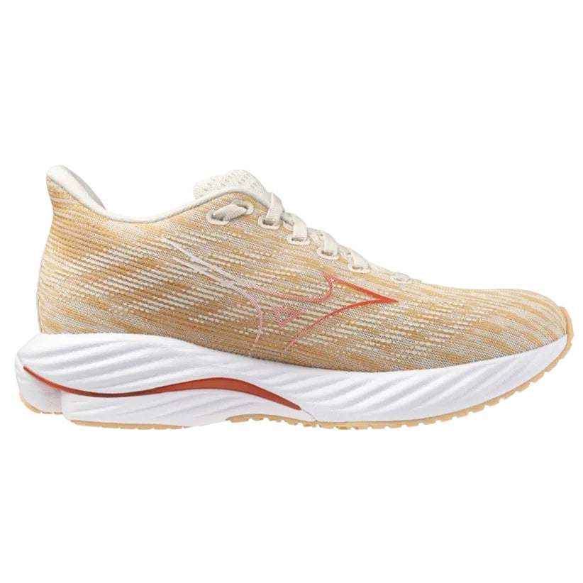 Mizuno Wave Rider 28 running shoe for women in white and orange color scheme, featuring a mesh upper material and a white midsole with orange accents.