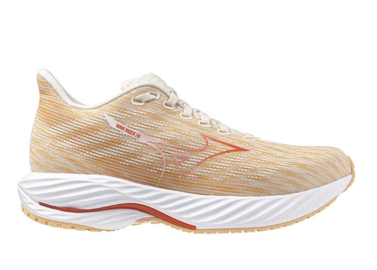 Running shoe with a white sole and beige body on a white background