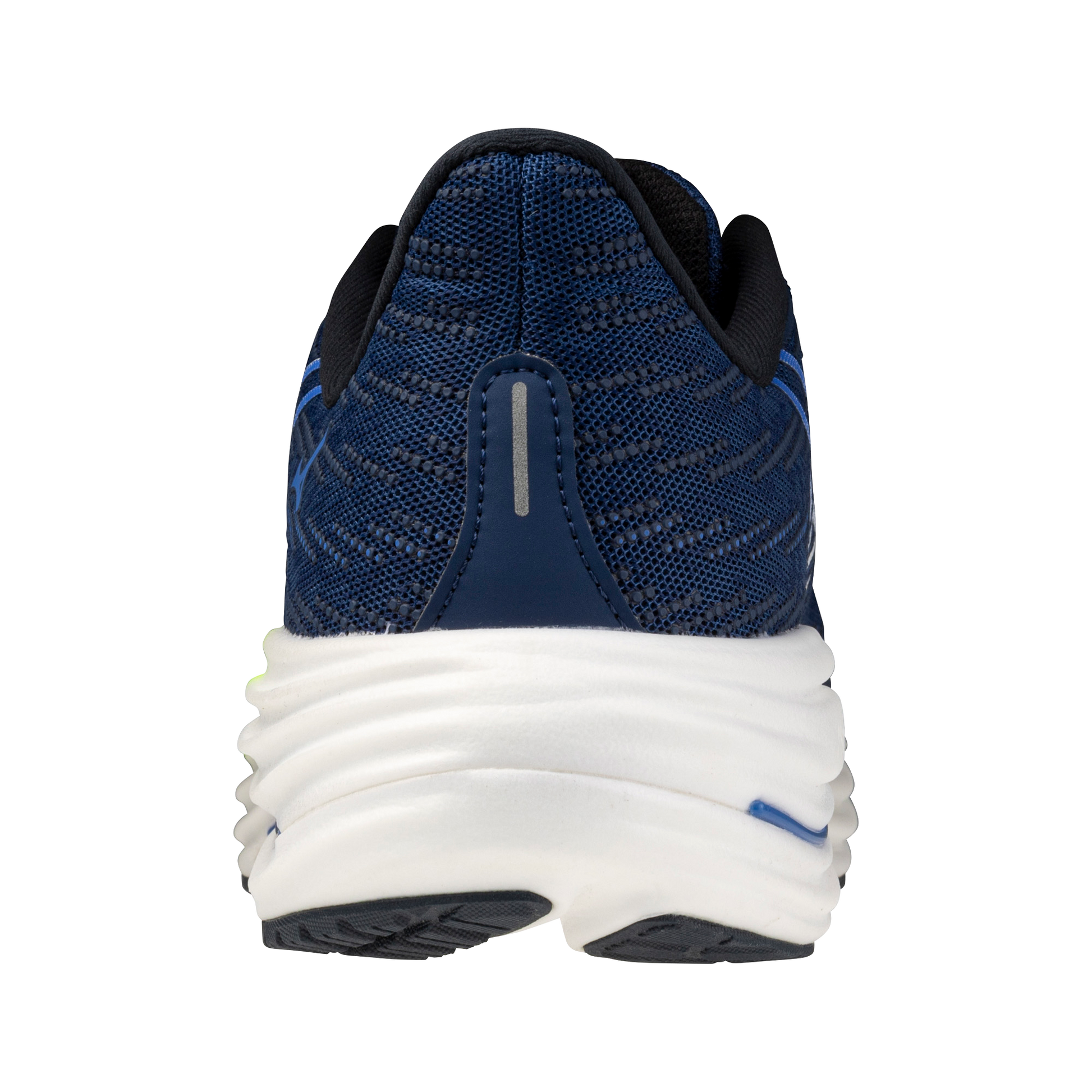 Blue running shoe with white sole on a white background