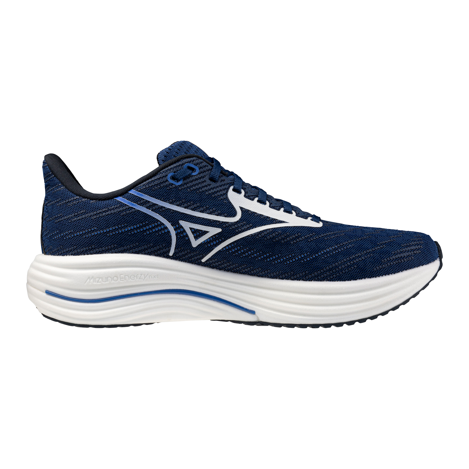 Navy running shoe with white sole on a white background