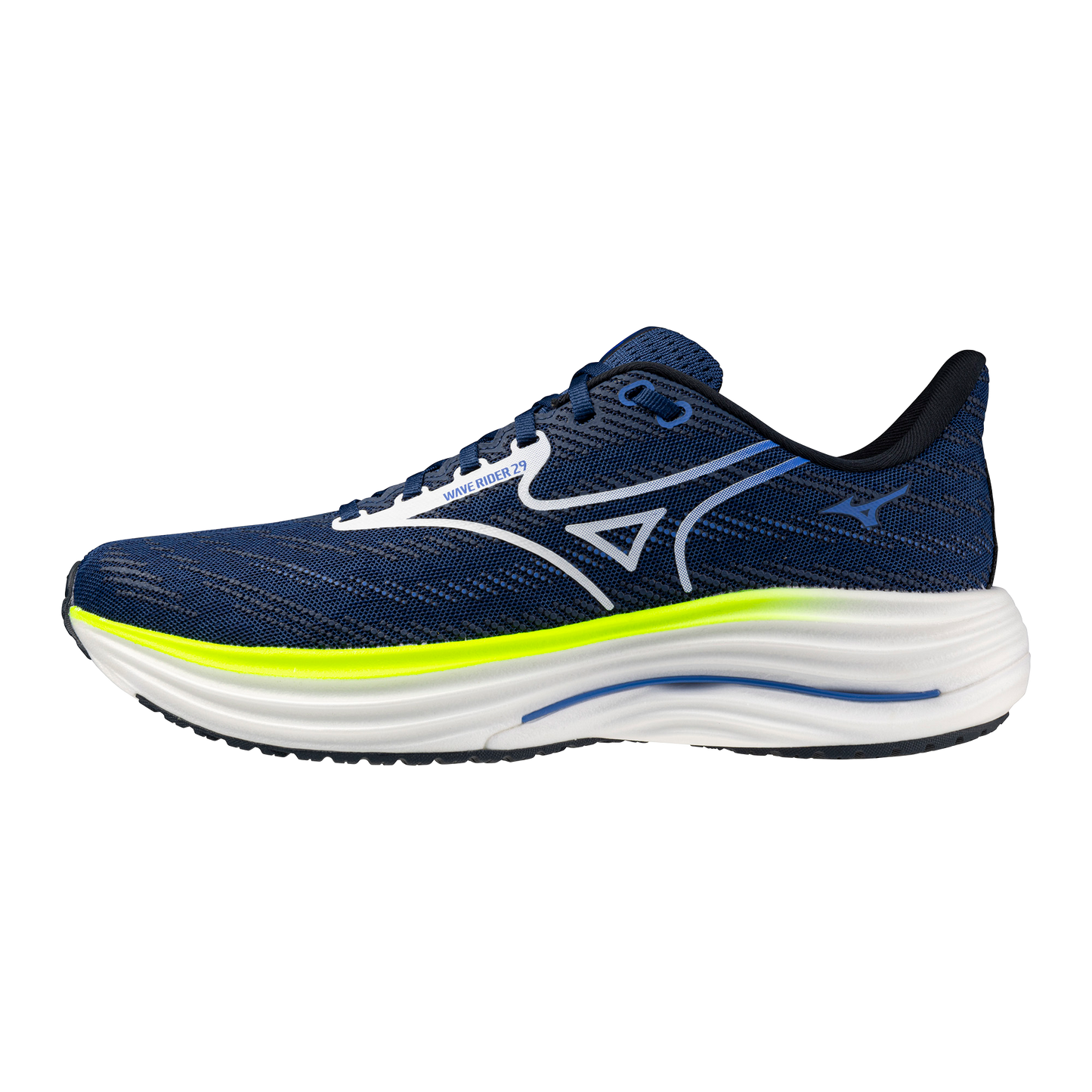 Blue running shoe with white sole on a white background