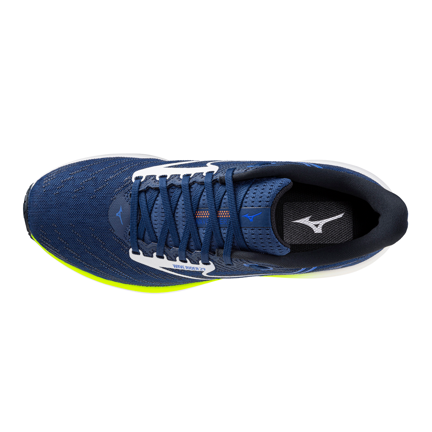 Blue running shoe with white laces on a white background