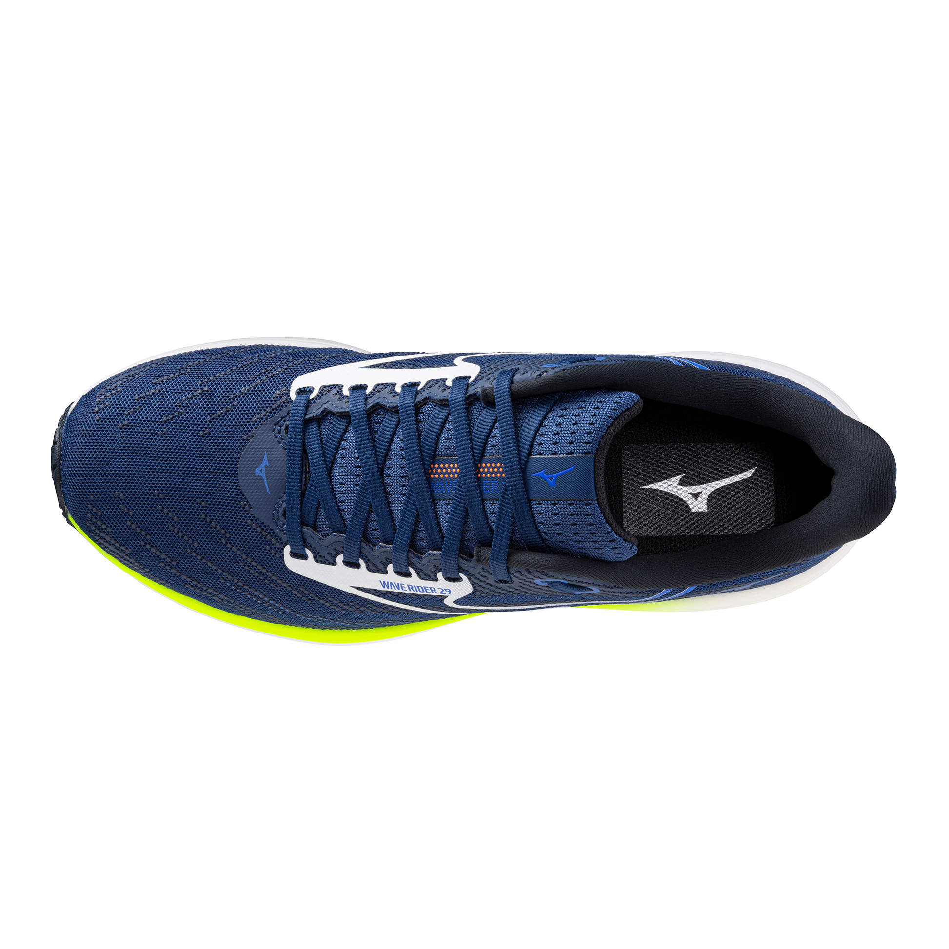 Blue running shoe with white laces on a white background