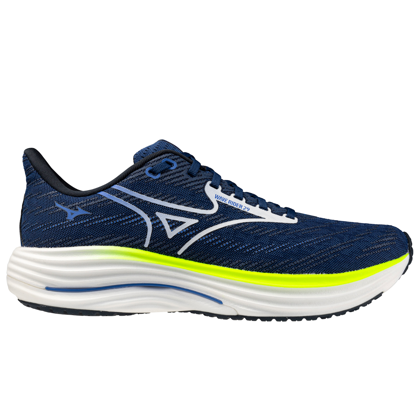 Navy running shoe with white sole on a white background