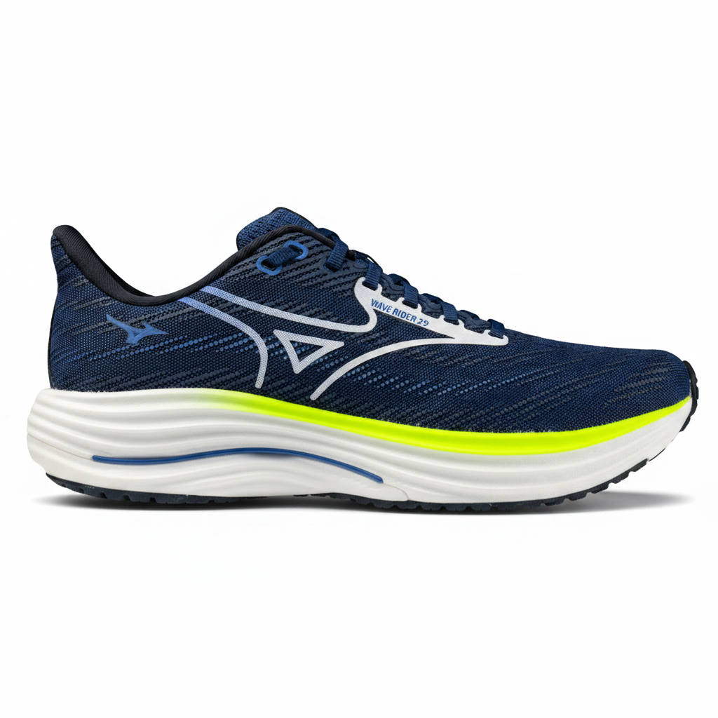 Navy running shoe with white sole on a white background