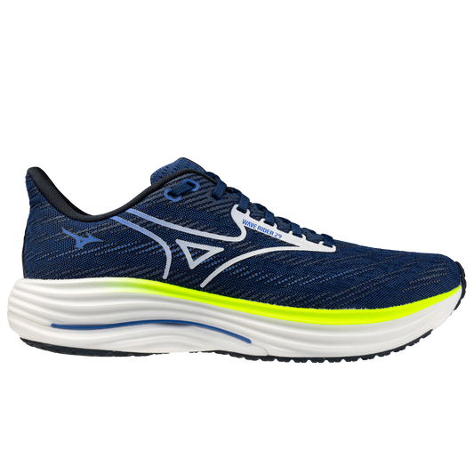 Navy running shoe with white sole on a white background