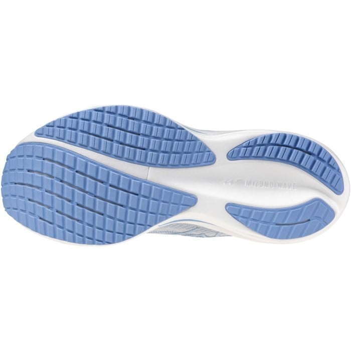 Close-up of a shoe sole with blue and white design on a white background