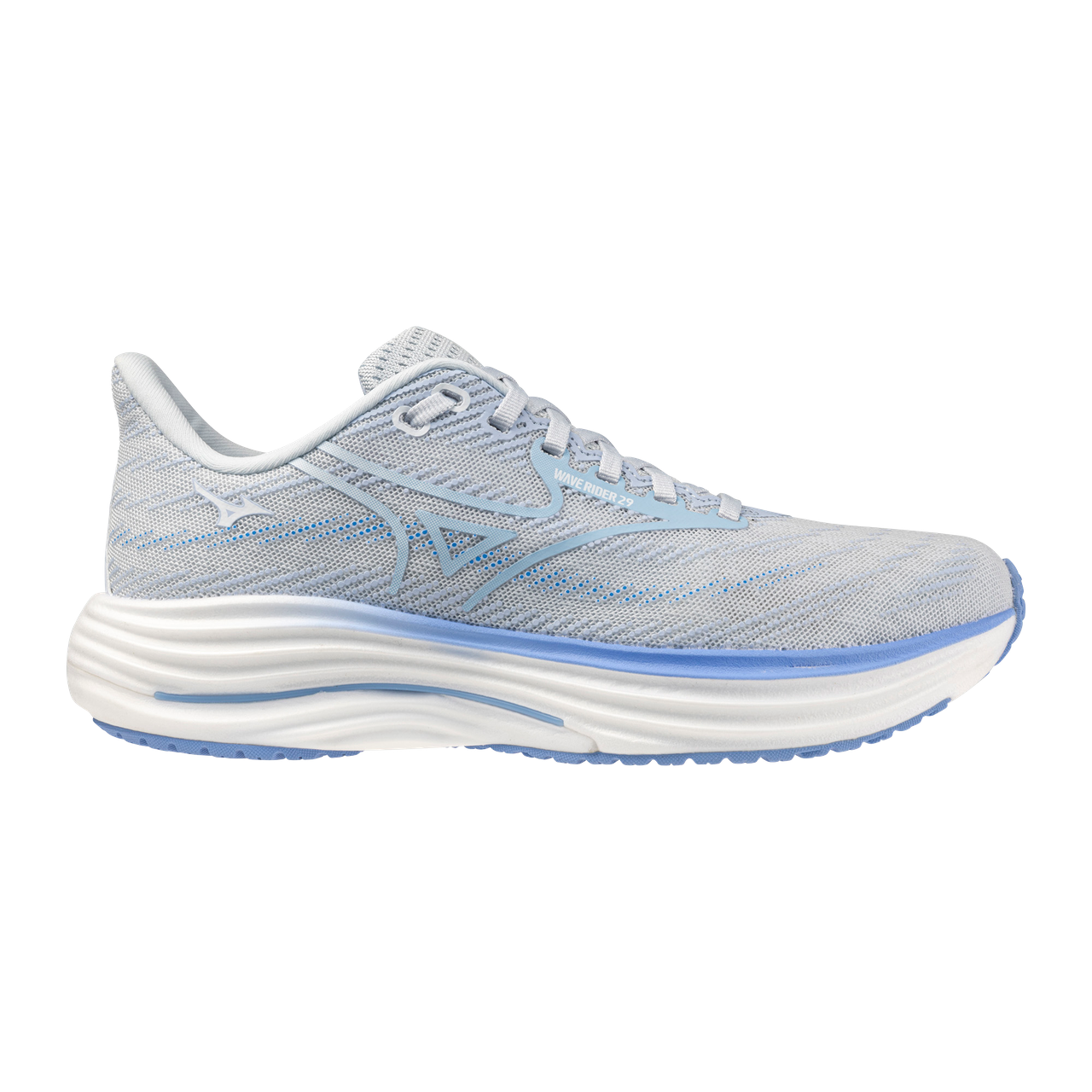 Light blue running shoe with white sole on a white background