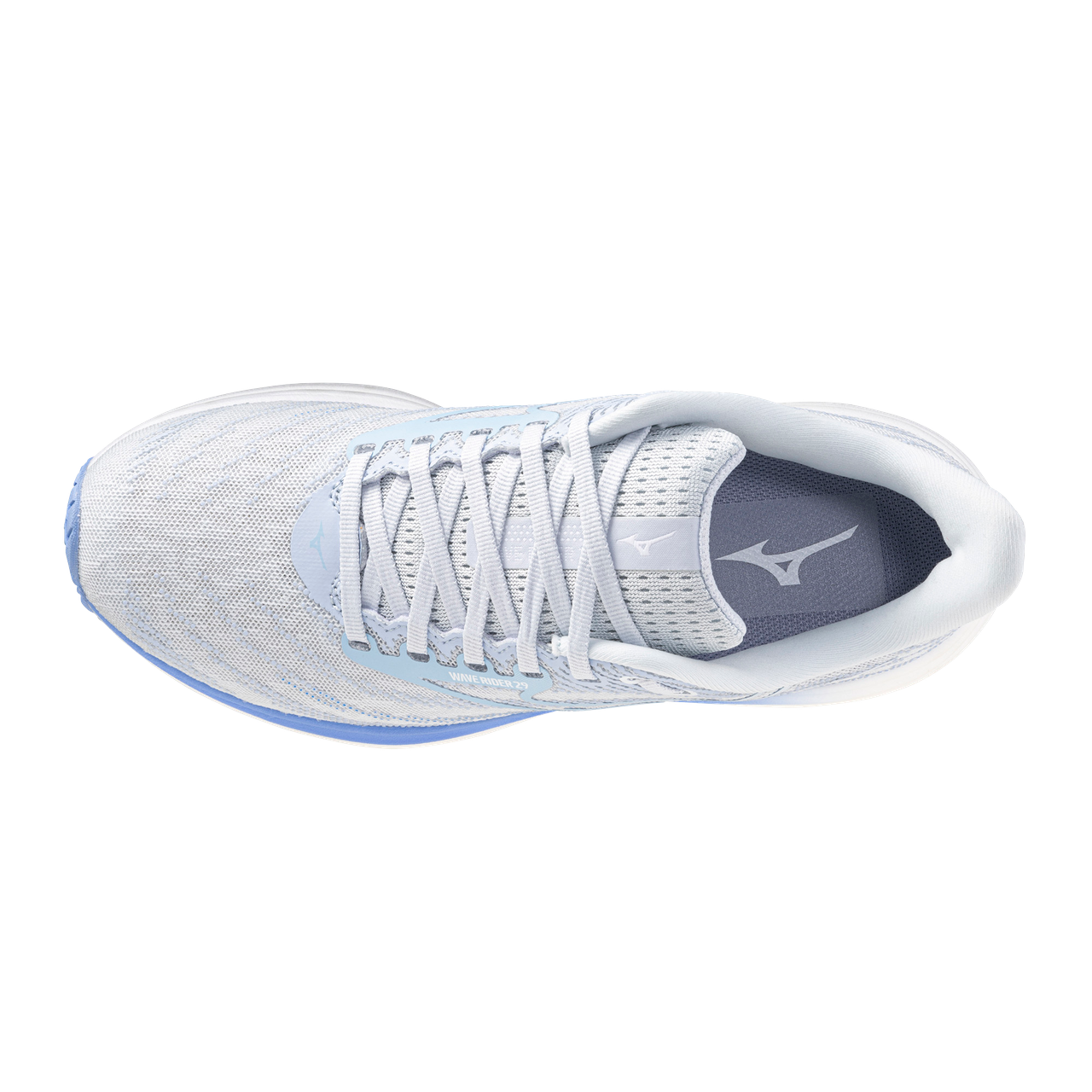 White running shoe with blue accents on a white background
