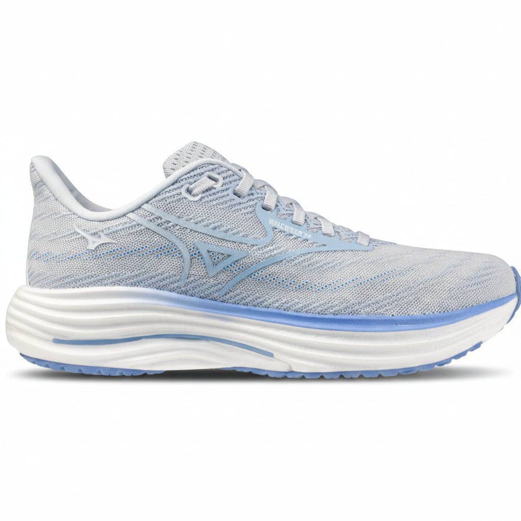 Light blue running shoe with white sole on a white background