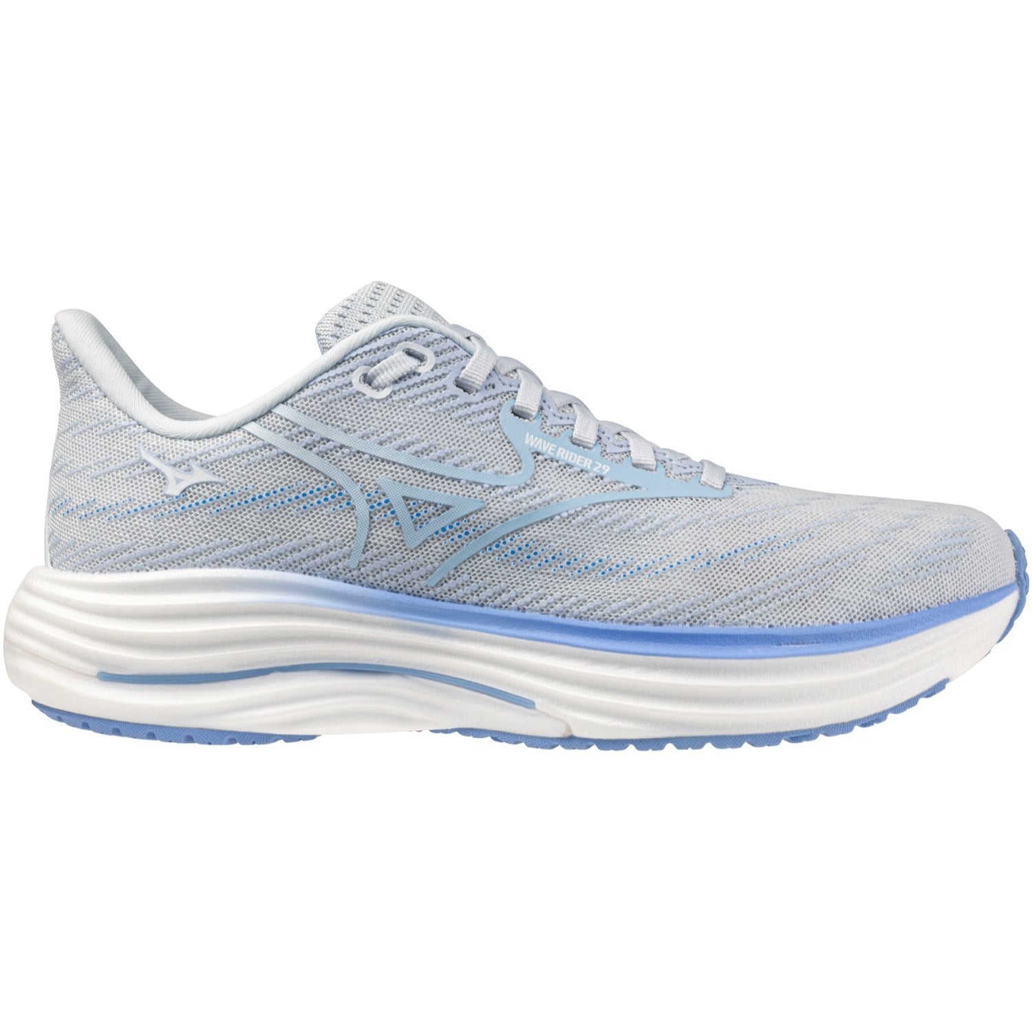 Light blue running shoe with white sole on a white background