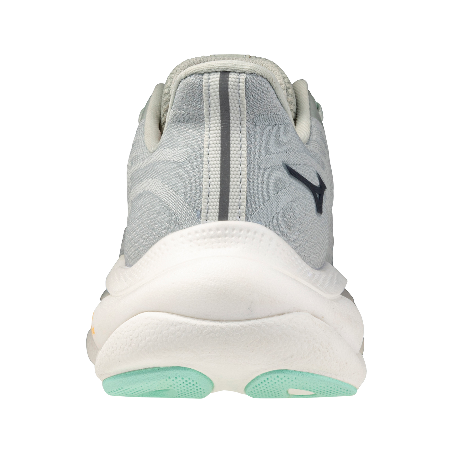 Gray athletic shoe with a white sole on a white background