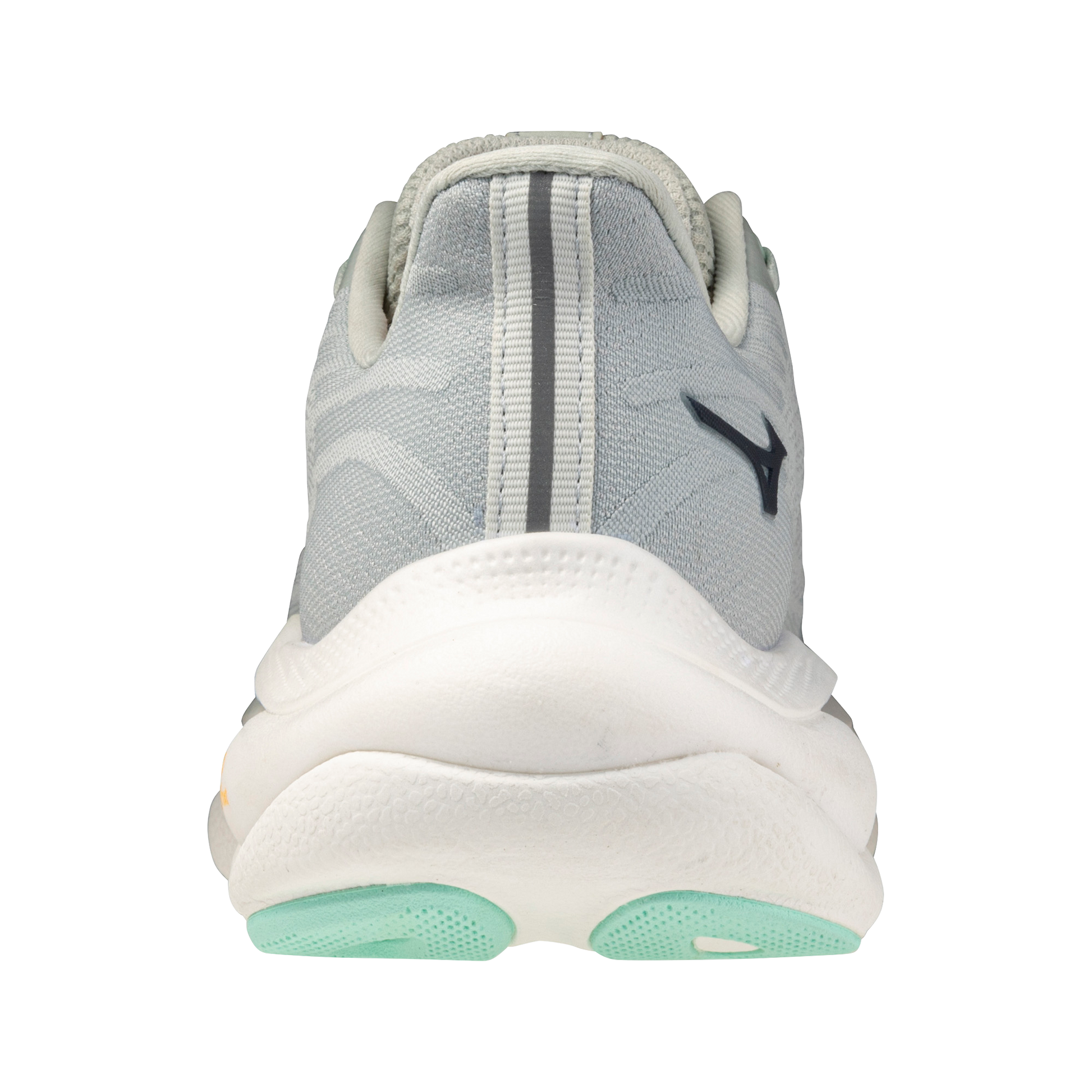 Gray athletic shoe with a white sole on a white background