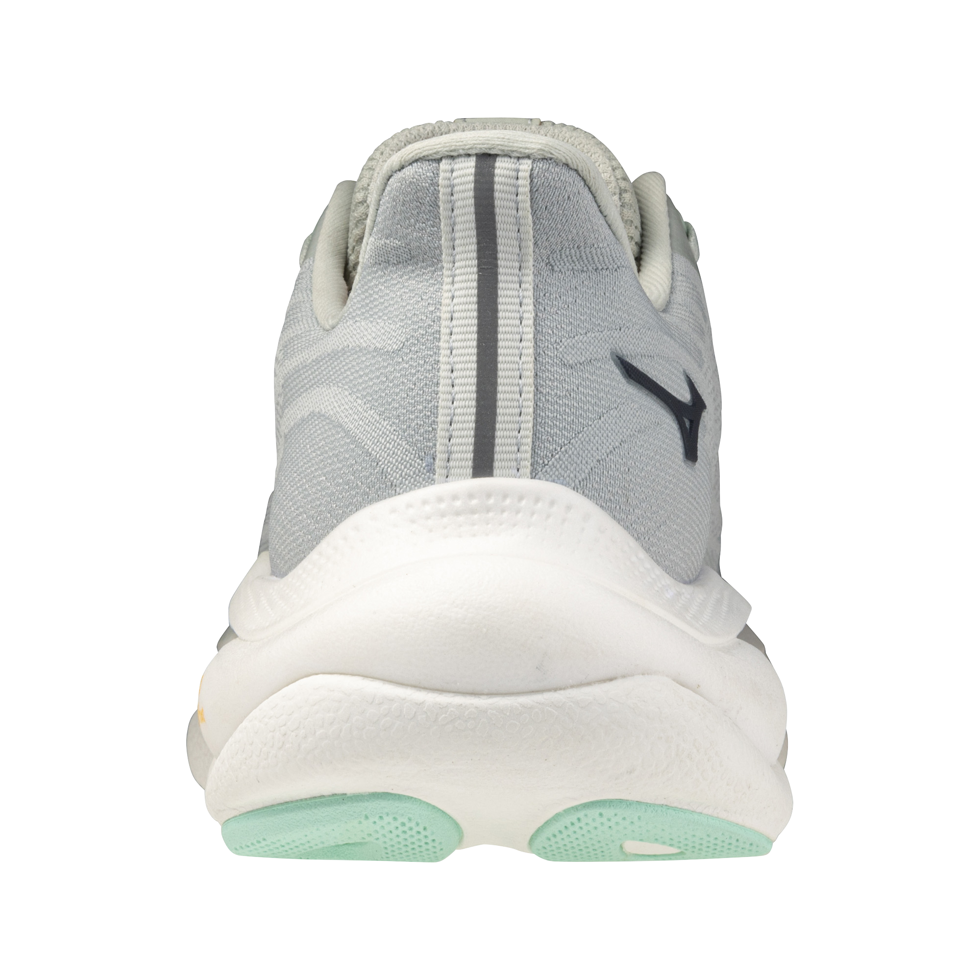 Gray athletic shoe with a white sole on a white background