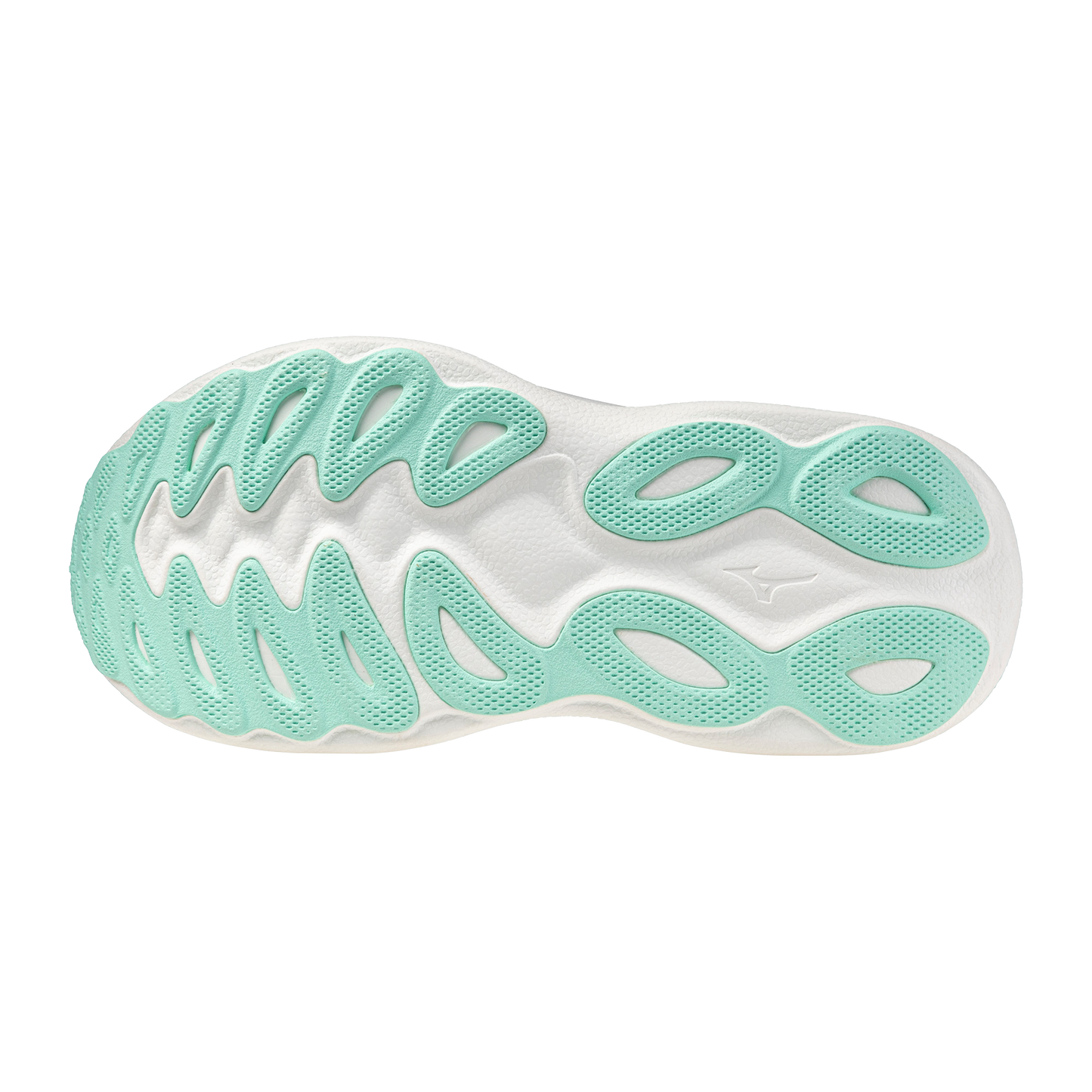 Close-up of a shoe sole with green and white pattern on a white background