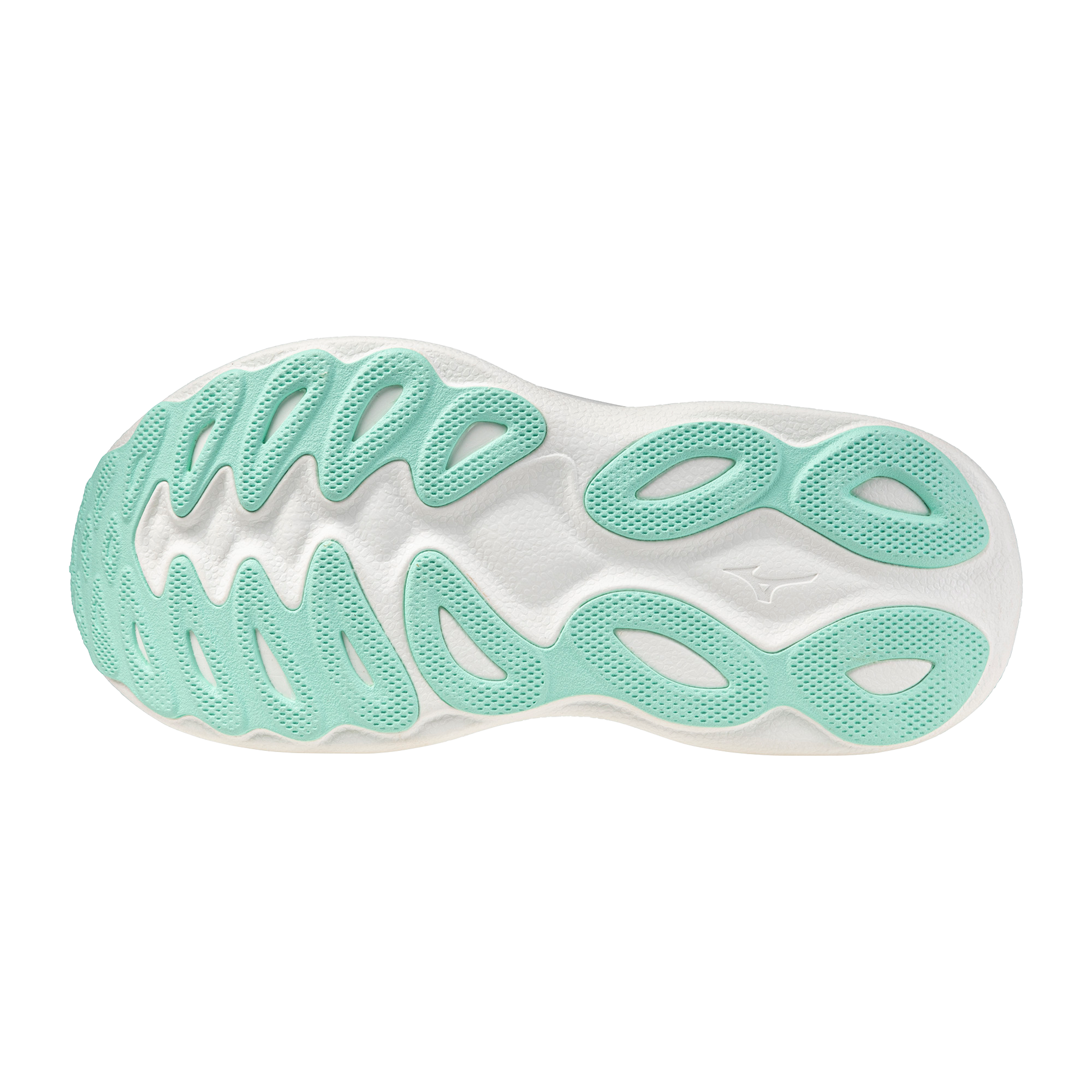 Close-up of a shoe sole with green and white pattern on a white background