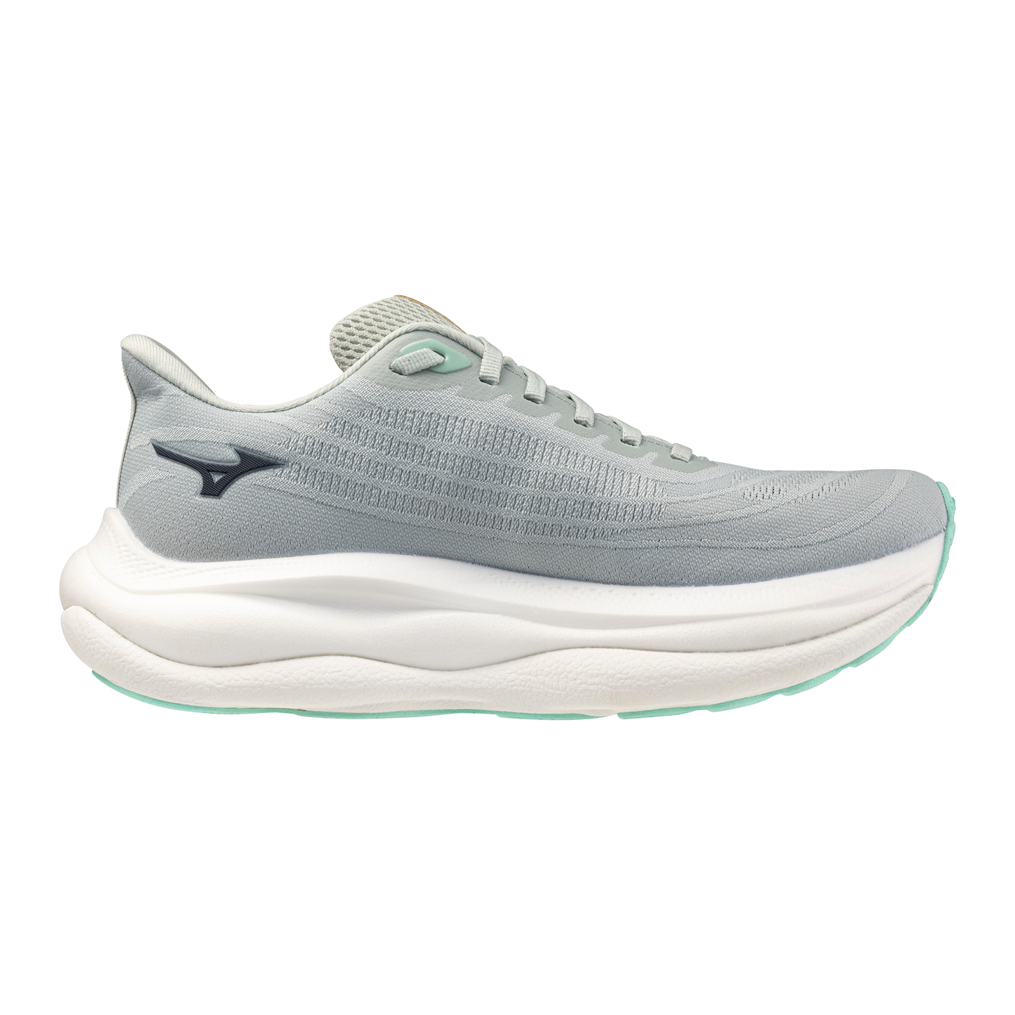 Gray running shoe with a white sole on a white background