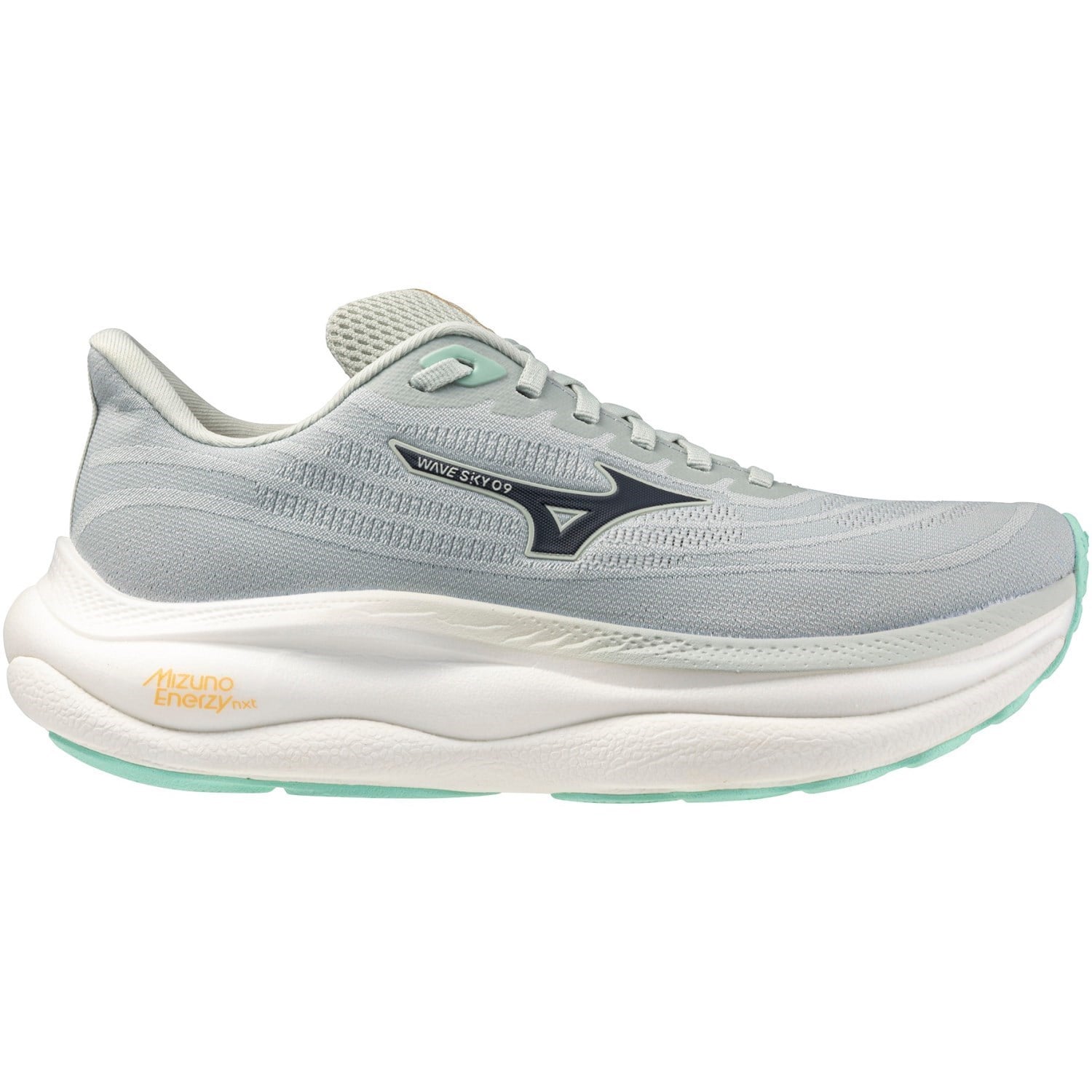 Gray running shoe with white sole on a white background