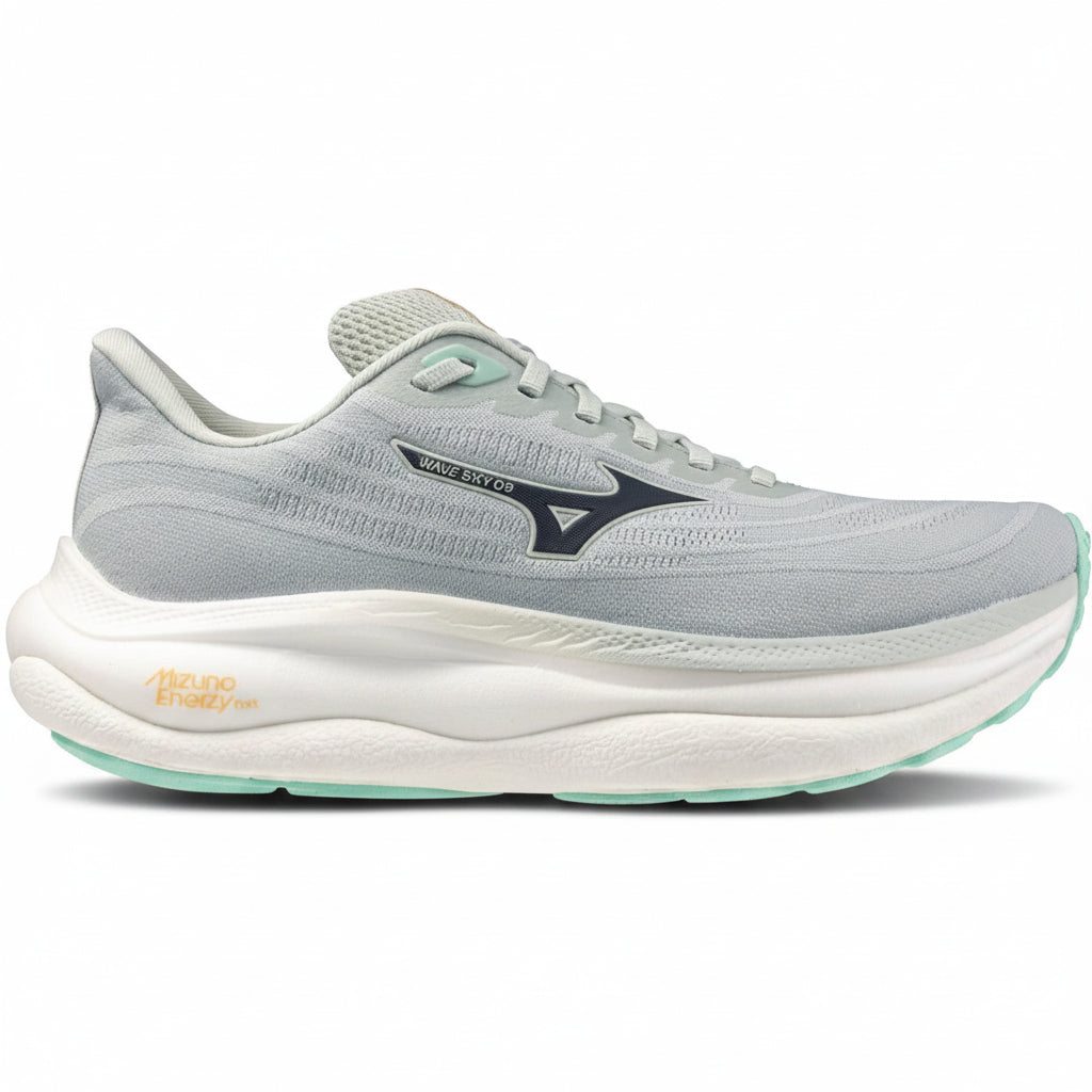 Gray running shoe with white sole on a white background