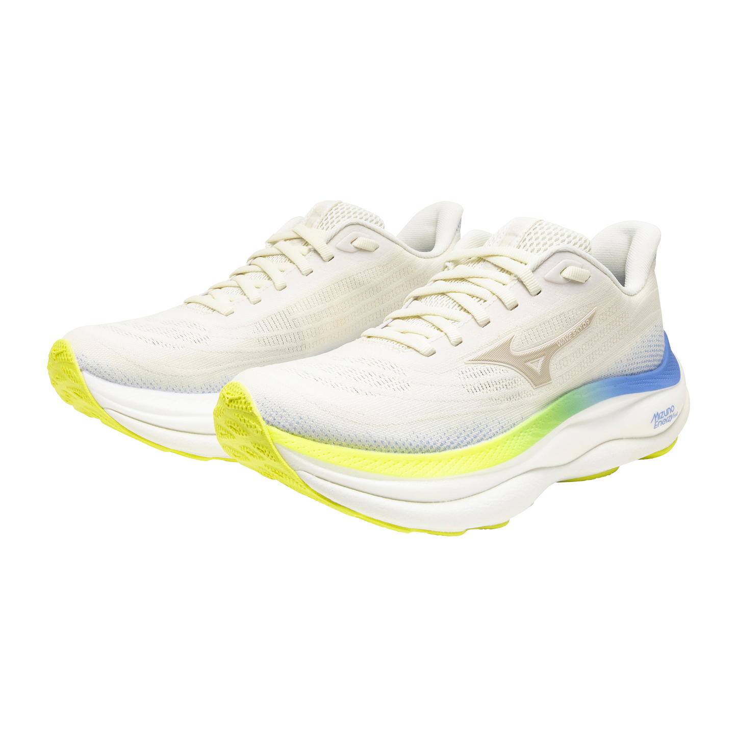 White running shoes with yellow soles on a white background