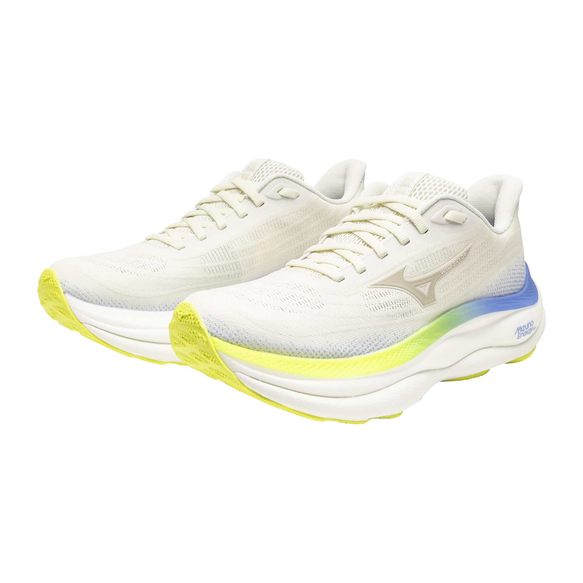 White running shoes with yellow soles on a white background