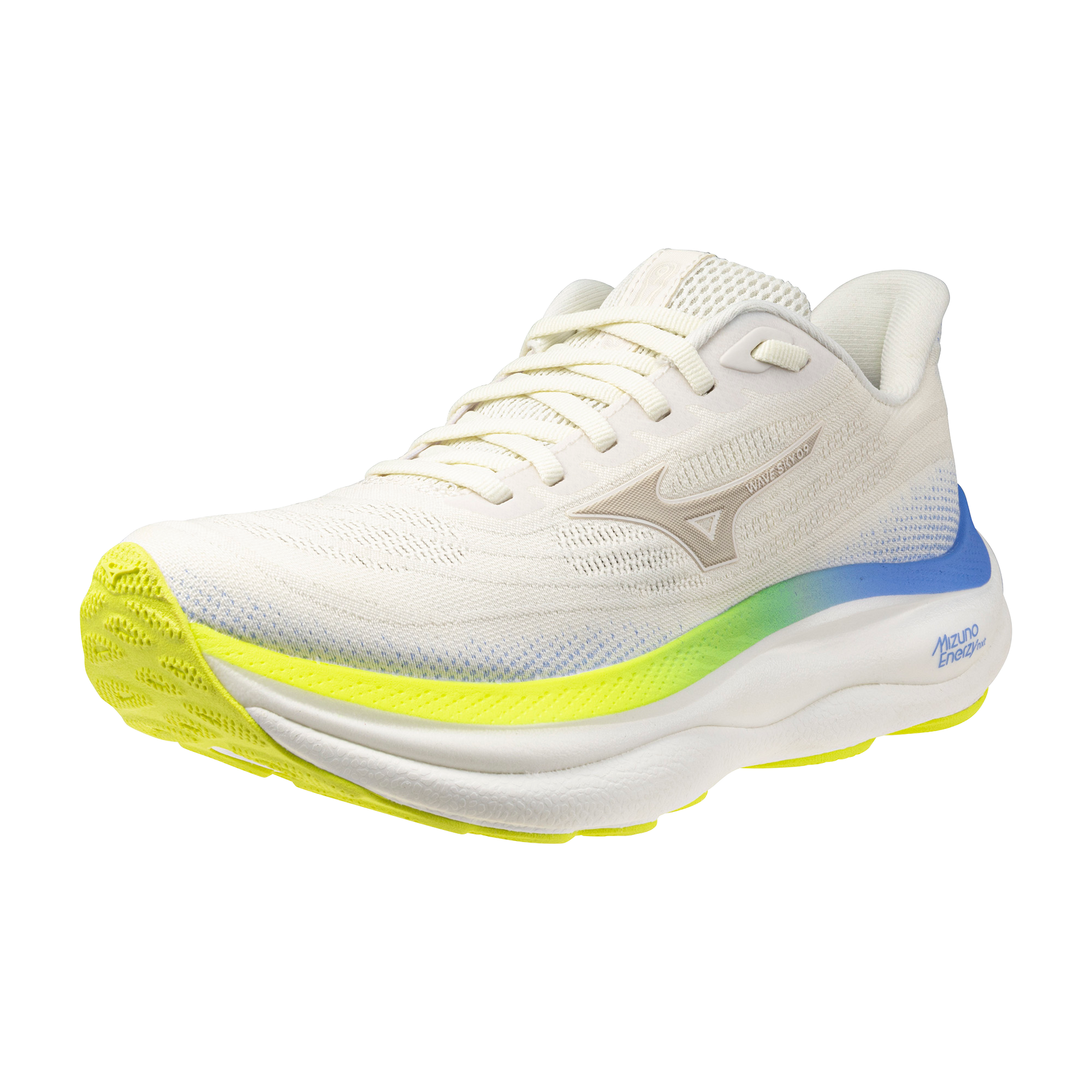 White running shoe with yellow sole on a white background