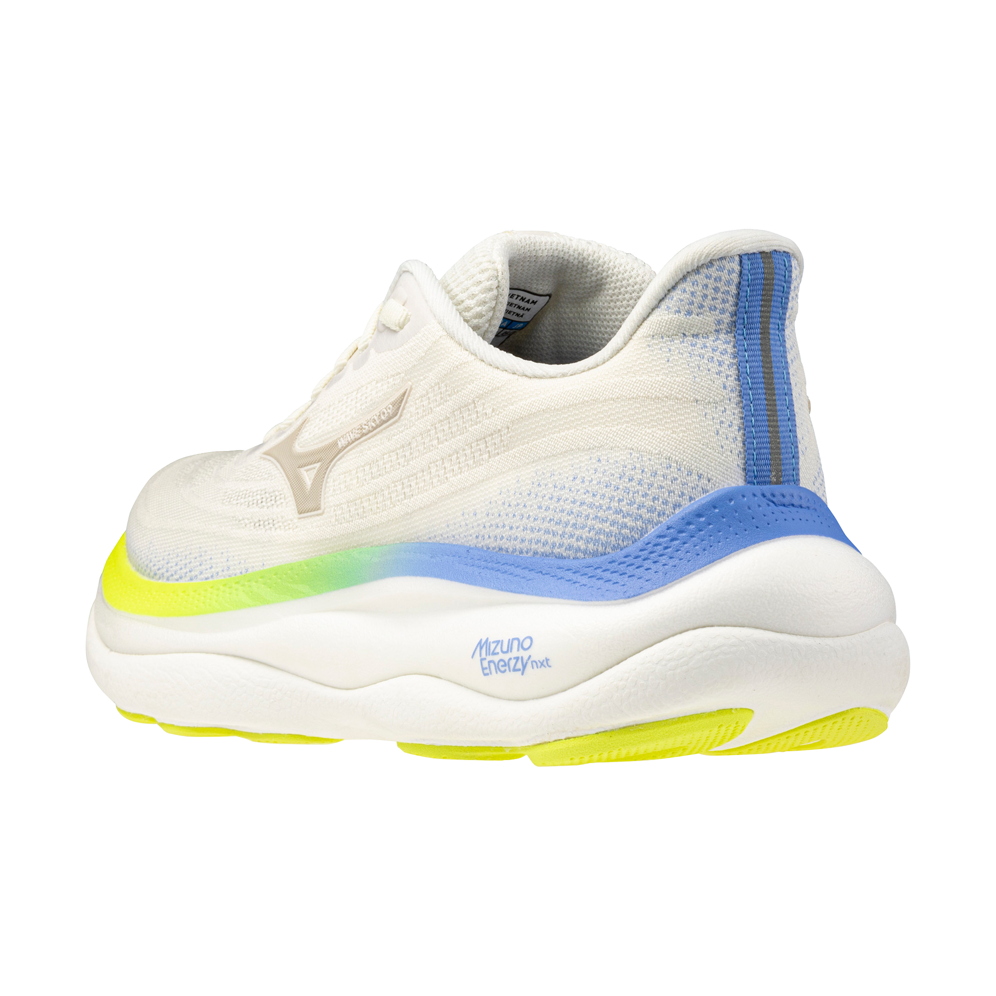 White running shoe with blue and yellow accents on a white background