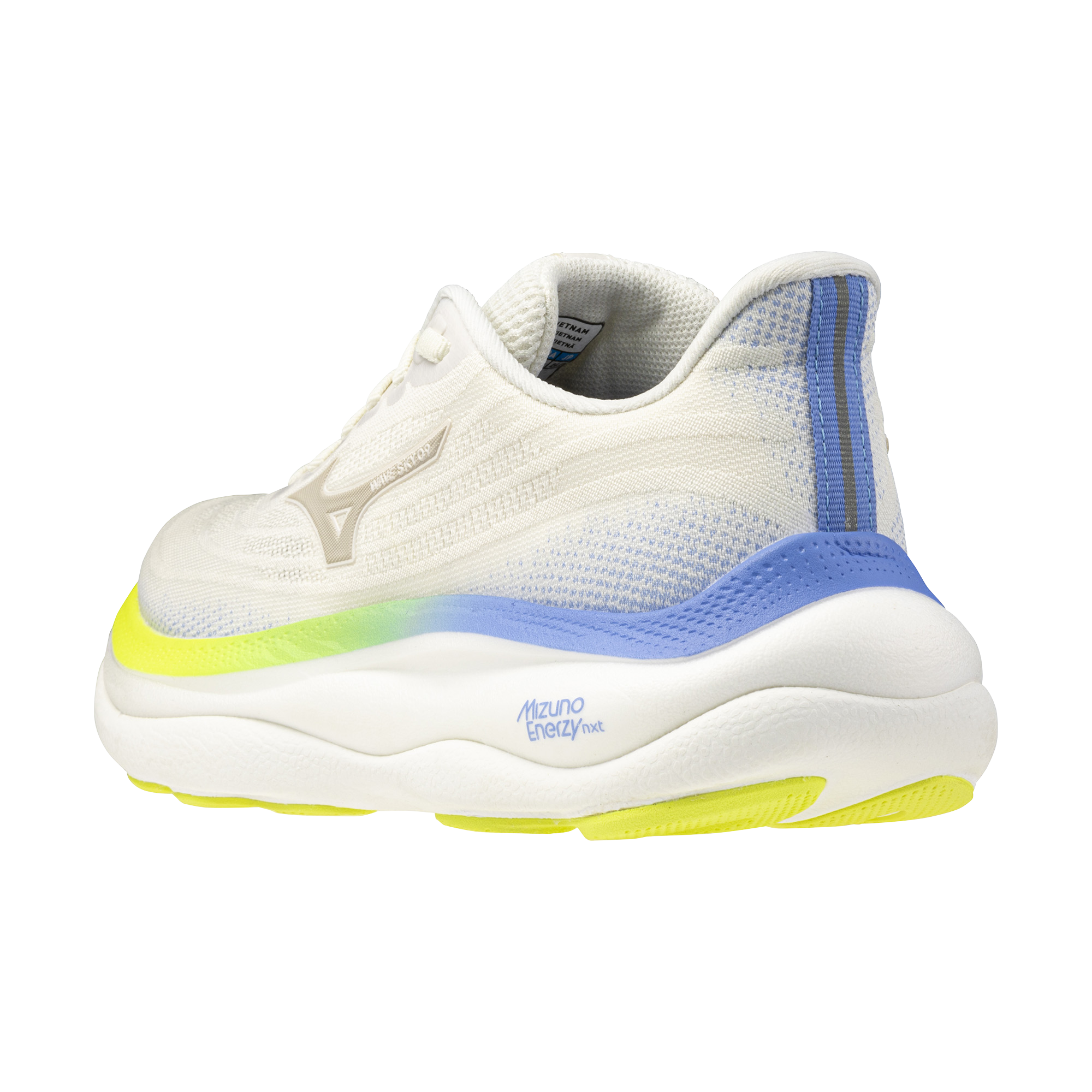 White running shoe with blue and yellow accents on a white background