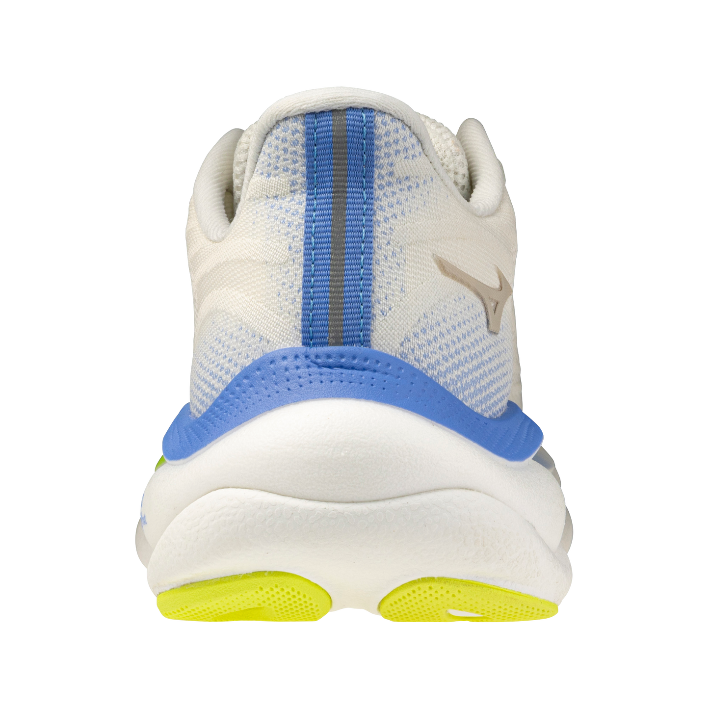 White running shoe with blue sole and yellow sole on a white background