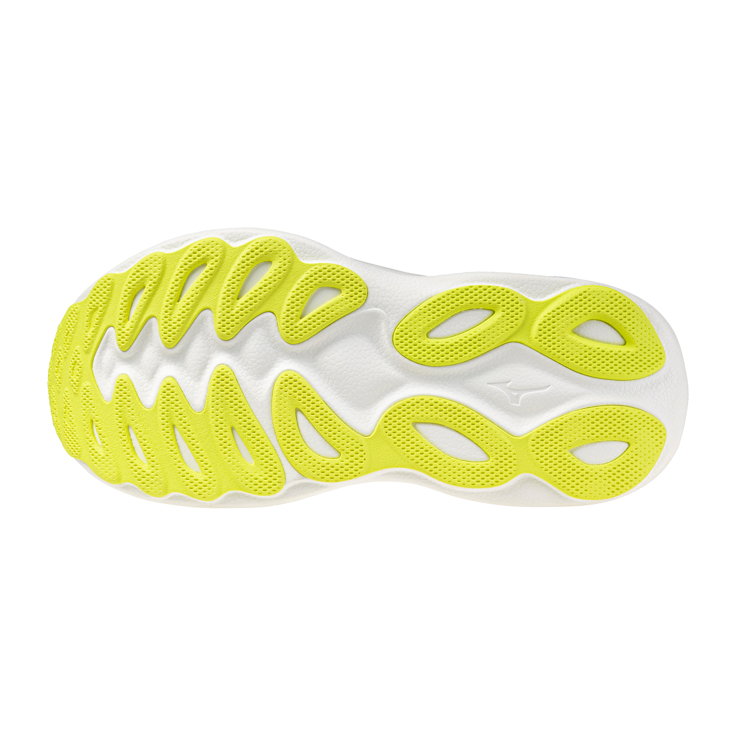 Close-up of a shoe sole with yellow tread pattern on a white background