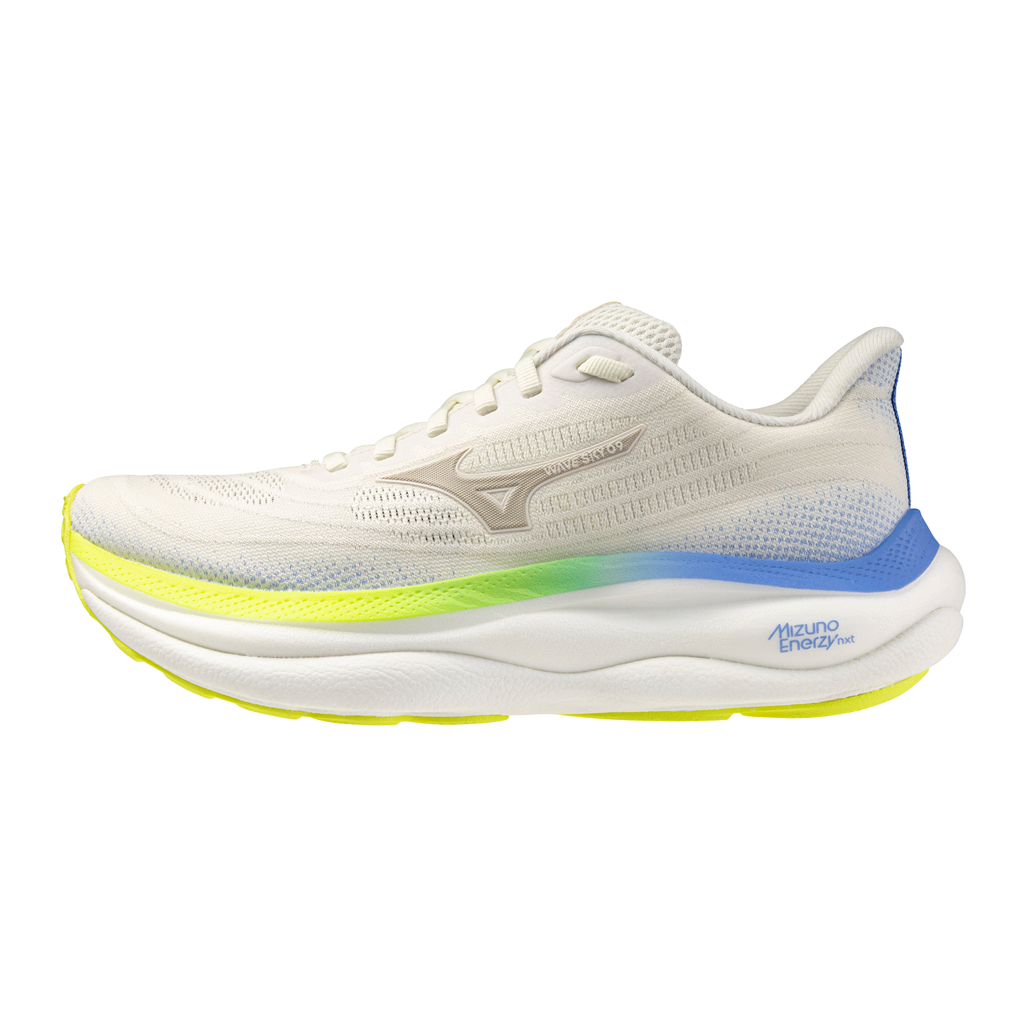 White running shoe with blue and yellow accents on a white background