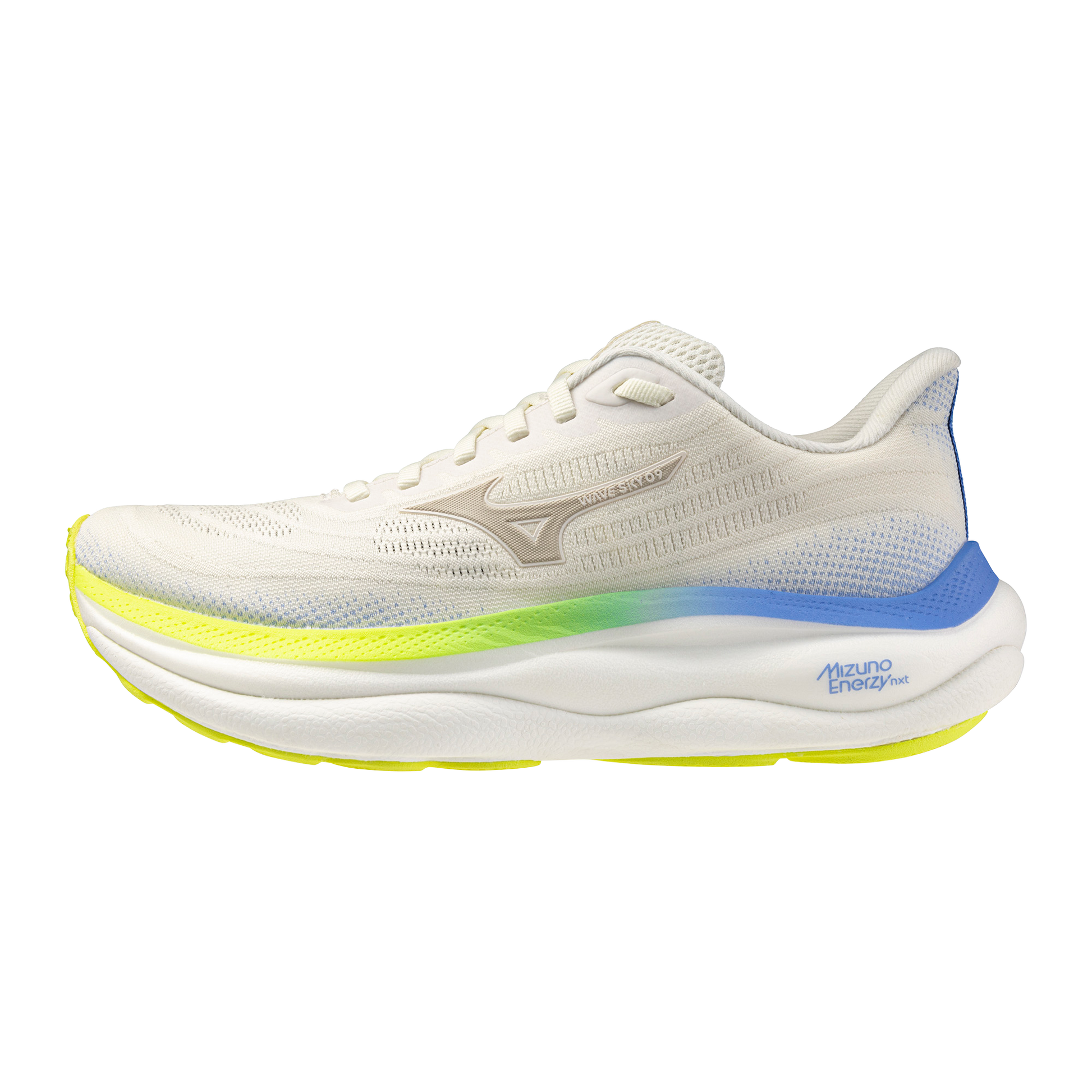 White running shoe with blue and yellow accents on a white background