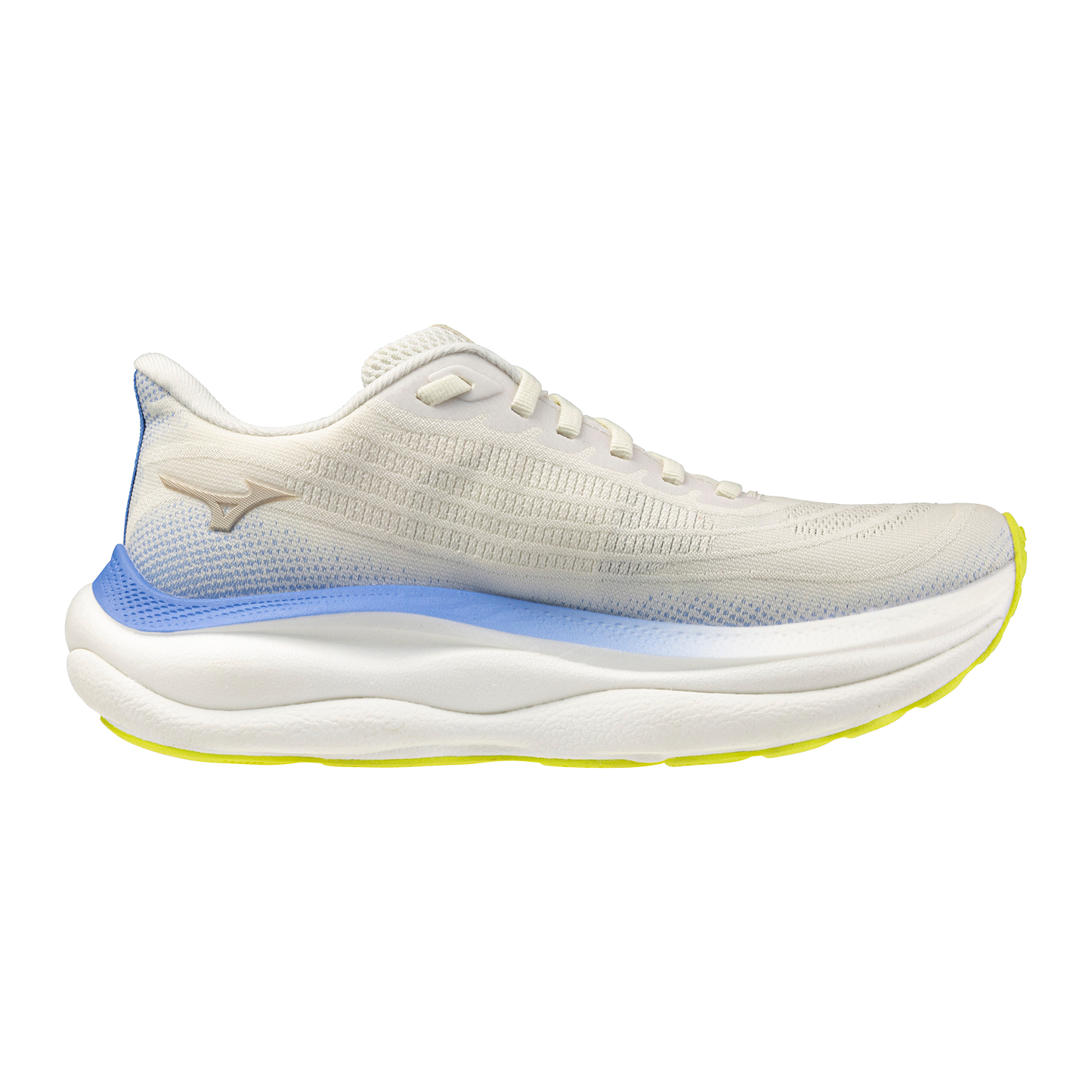 White running shoe with blue sole on a white background